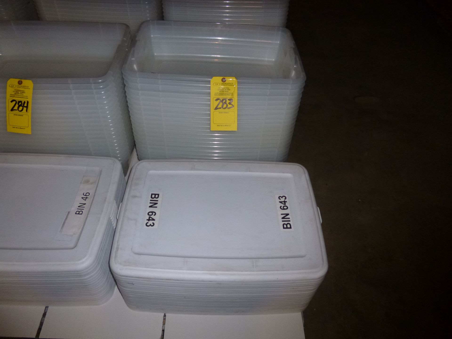 Qty 20 - storage bins 28 quart size with lids. Shipping can be prepared for either ground package or