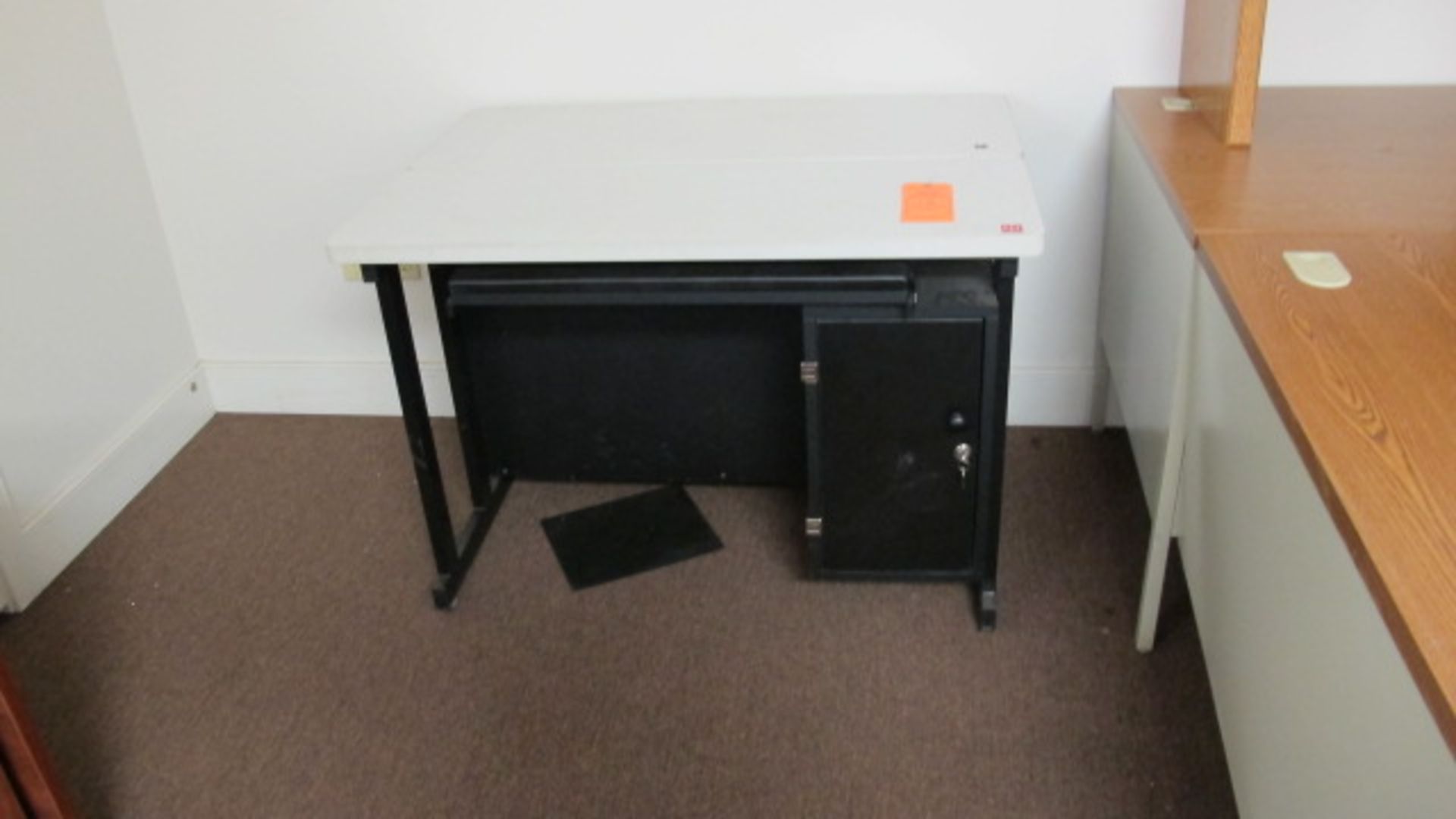 HEIGHT ADJUSTABLE DESK W/ HIDEAWAY COMPUTER MOUNT & LOCKING CABINET - Image 2 of 2