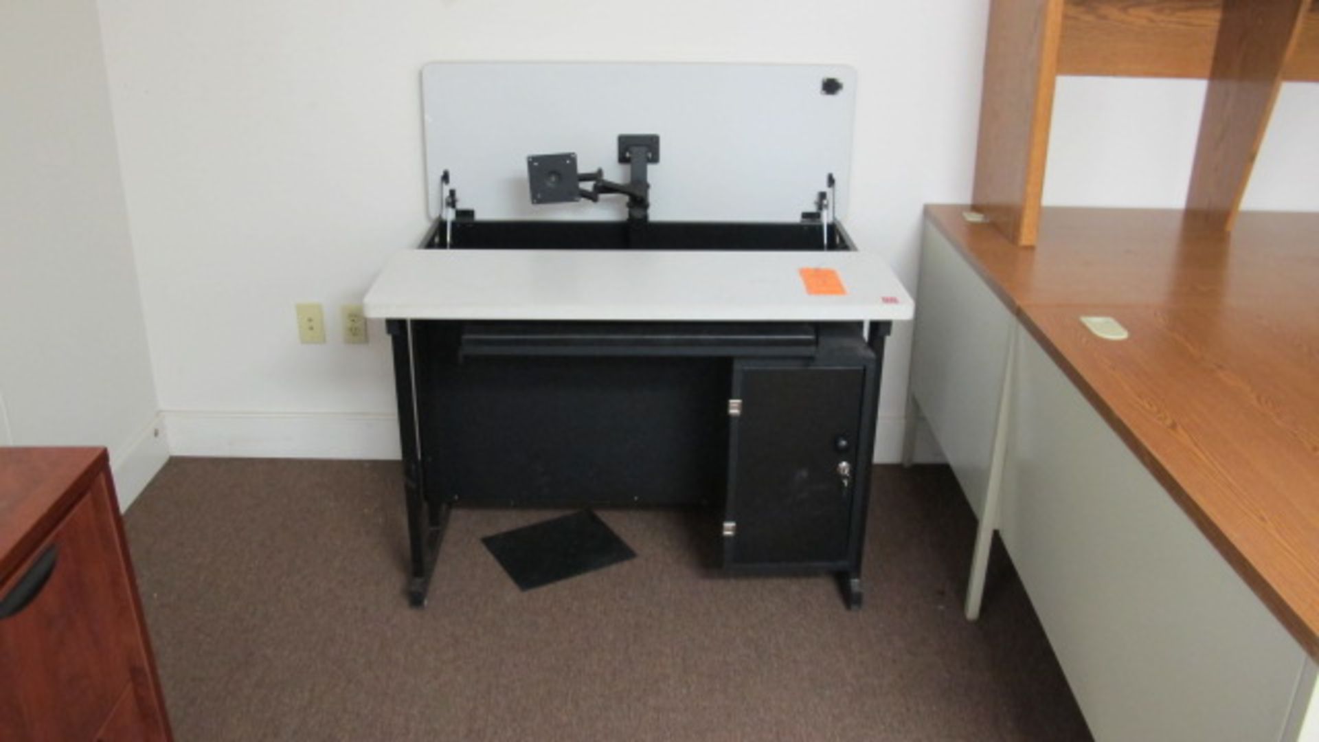 HEIGHT ADJUSTABLE DESK W/ HIDEAWAY COMPUTER MOUNT & LOCKING CABINET