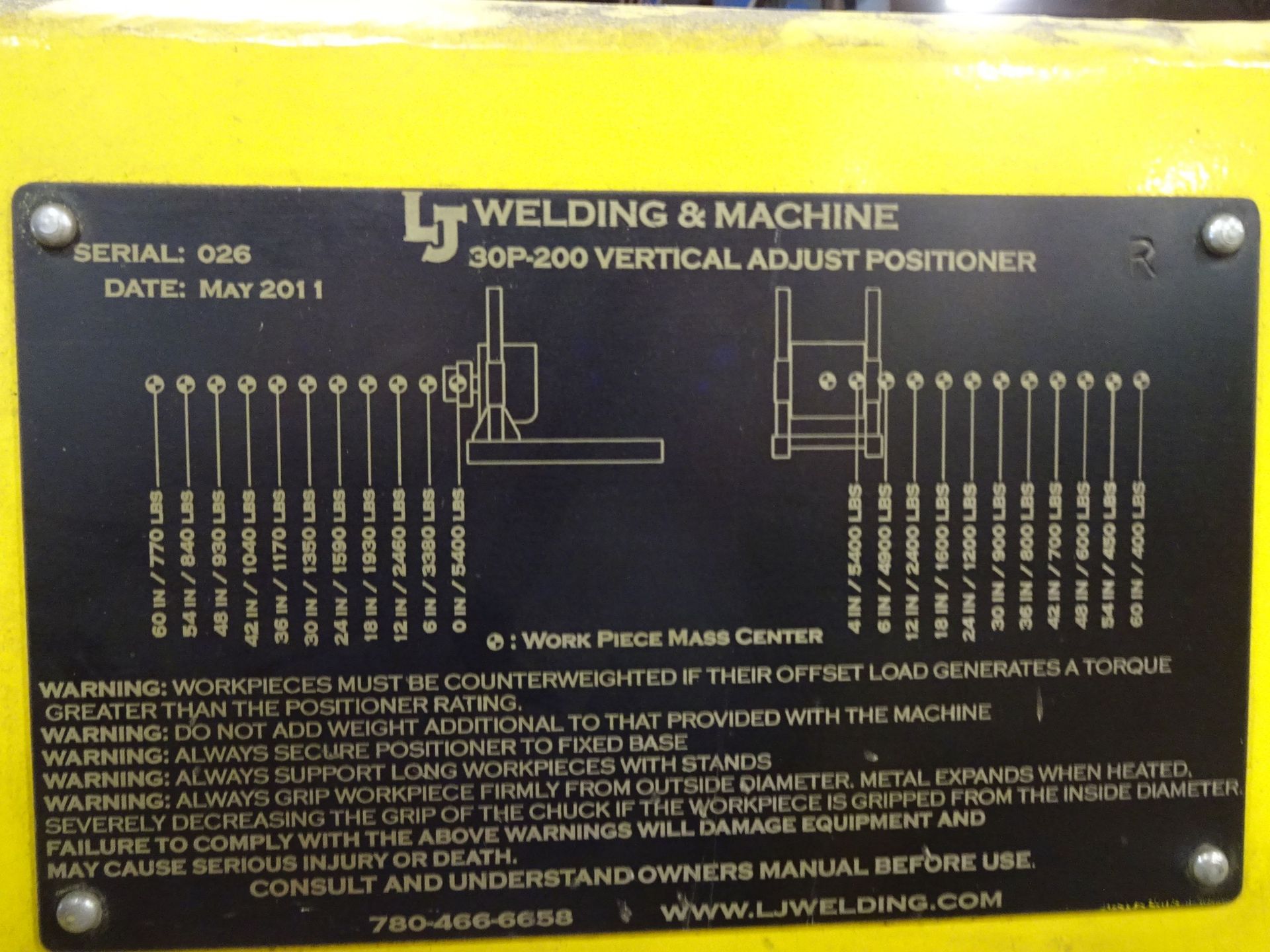 5,400 LB. LJ WELDING AUTOMATION MODEL 30P-200 VERTICAL ADJUSTMENT PIPE TURNING WELDING POSITIONER; - Image 3 of 6