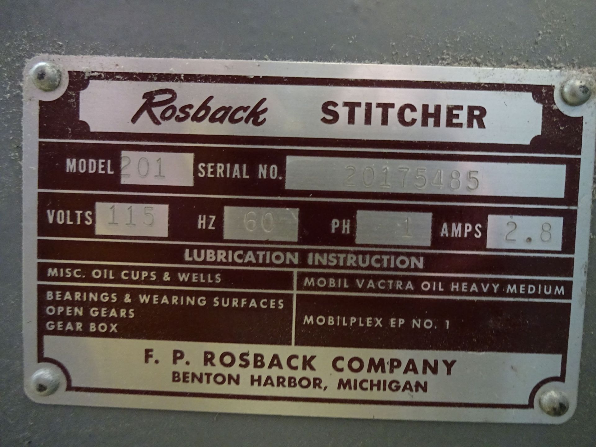 ROSBACK 2-HEAD MODEL 201 STITCHER; S/N 20175485, WITH (2) EXTRA STITCHING HEADS - $150.00 LOADING - Image 5 of 6