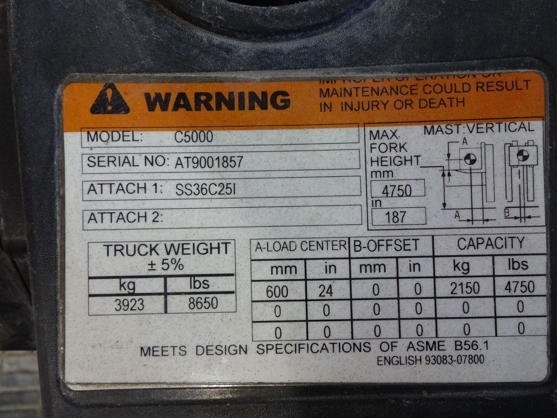 5,000 LB. CATERPILLAR MODEL C5000 SOLID TIRE LP GAS THREE-STAGE LIFT TRUCK; S/N AT9001857, 6,255 - Image 7 of 8