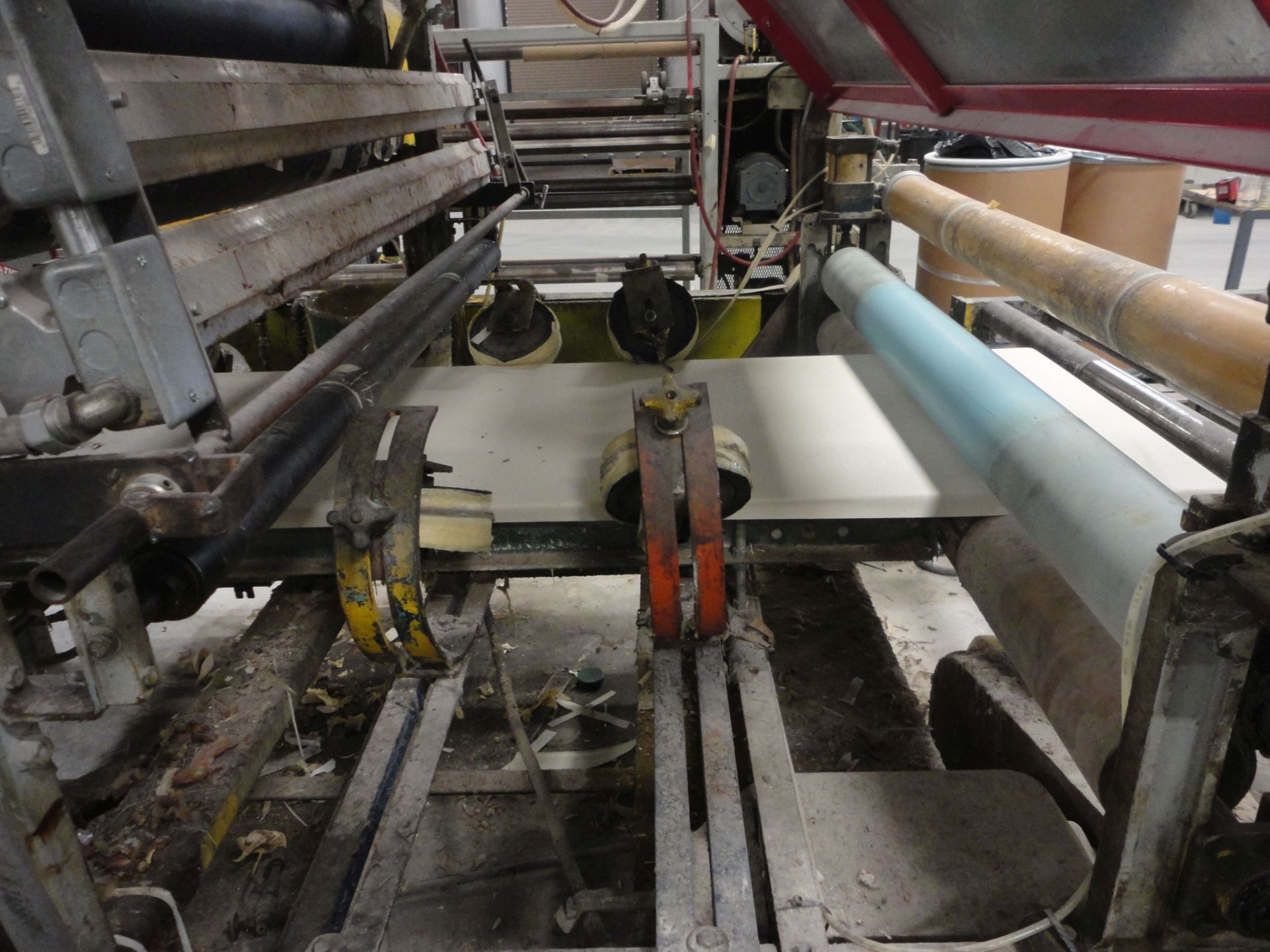 60" WIDE VINYL TO PANEL APPLICATION MACHINE ENTRY PINCH ROLLS, OVERHEAD VINYL ROLL FEED TO GLUE - Image 5 of 22