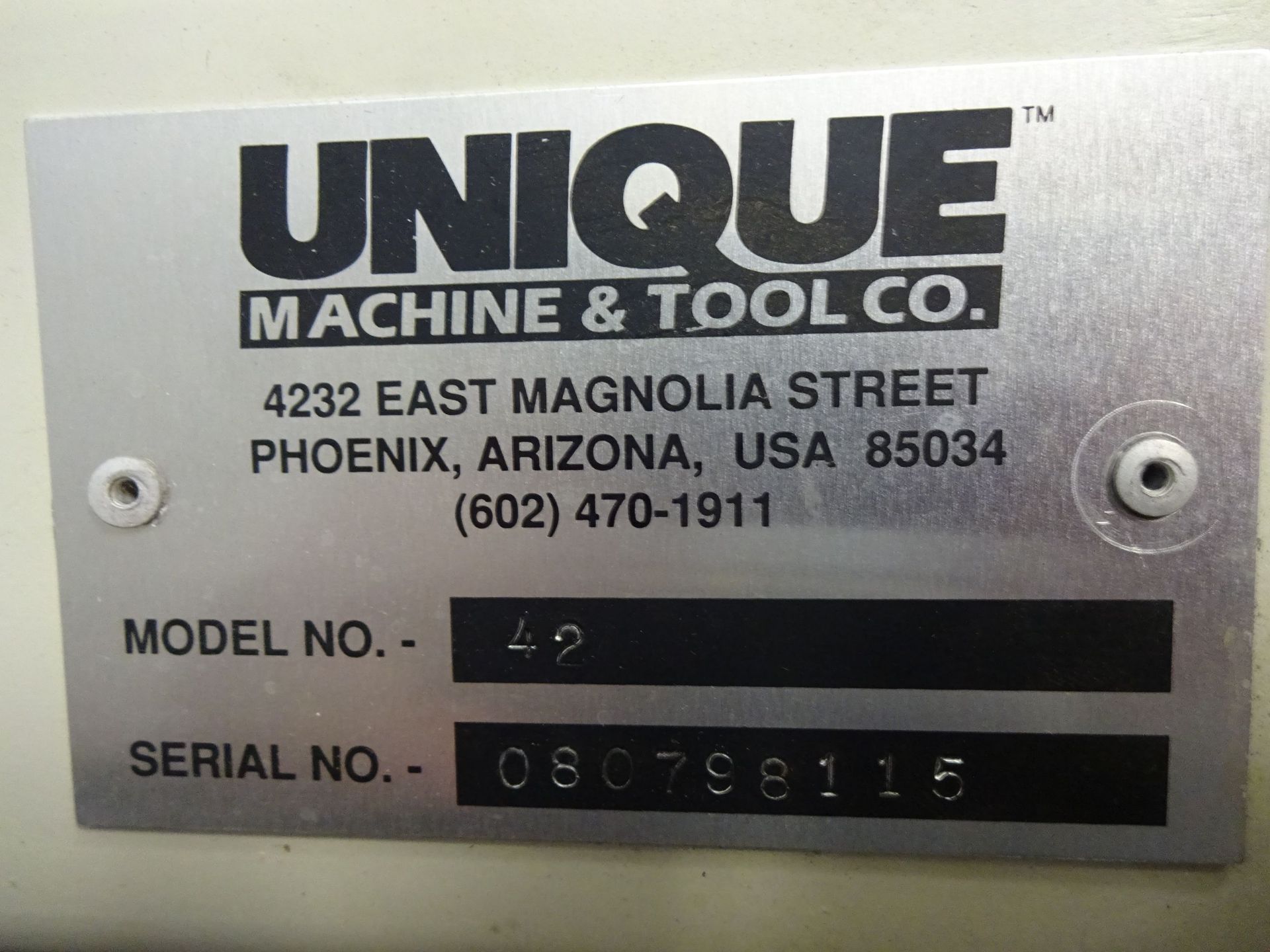 16" DIAMETER BLADE X 60" UNIQUE MACHINE AND TOOL CO. MODEL 42 HORIZONTAL PANEL SAW; S/N 080798115 ( - Image 4 of 7