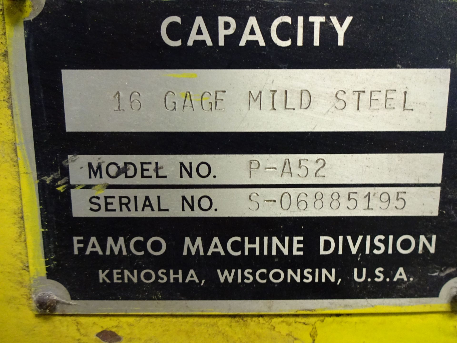 16 GA. X 52" FAMCO MODEL P-A52 PNEUMATIC SHEAR; S/N S-06885195 - Image 2 of 4