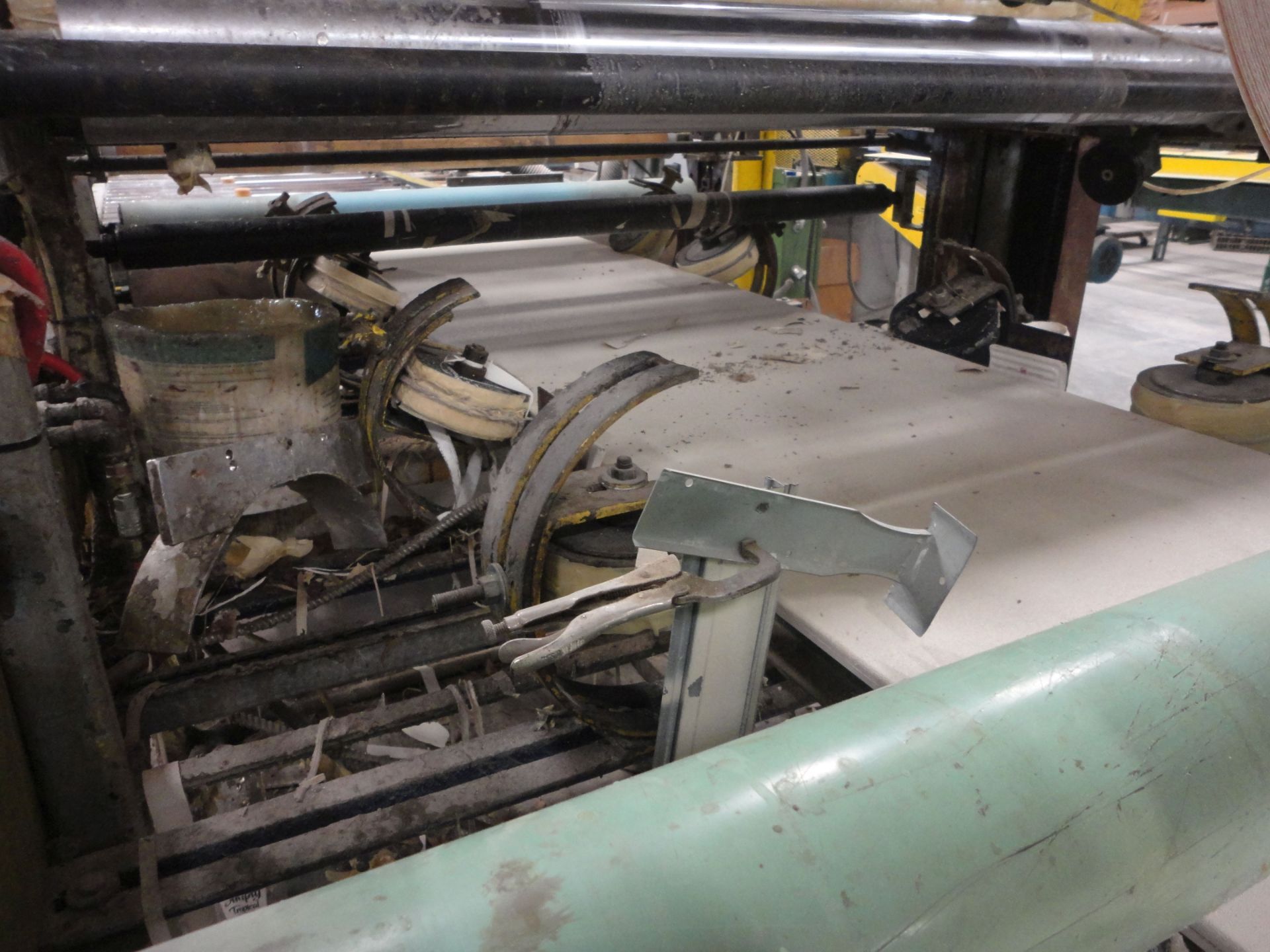 60" WIDE VINYL TO PANEL APPLICATION MACHINE ENTRY PINCH ROLLS, OVERHEAD VINYL ROLL FEED TO GLUE - Image 11 of 22