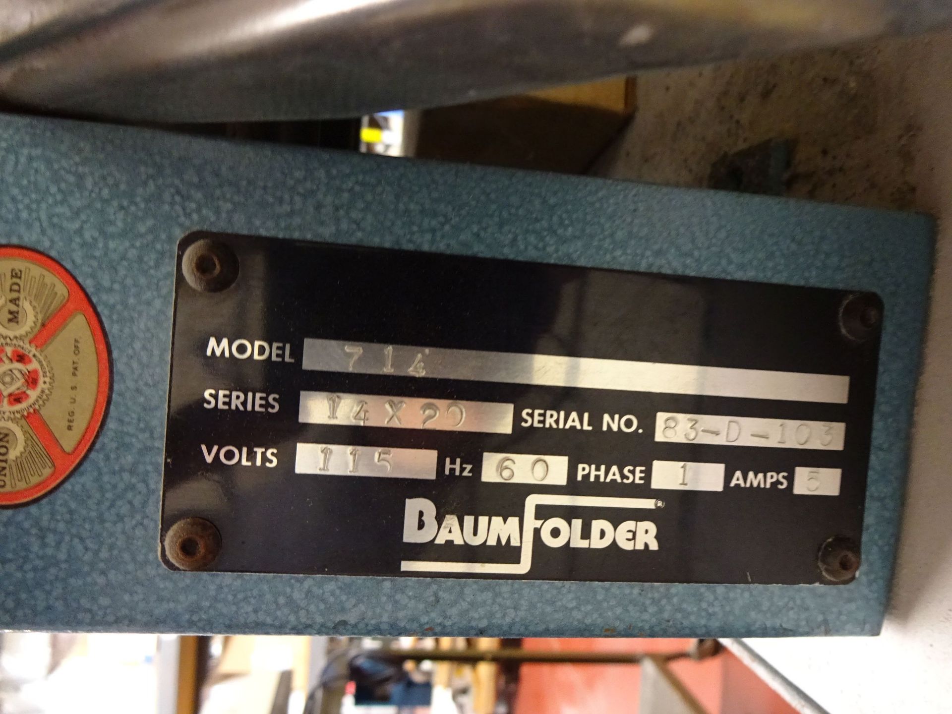 BAUMFOLDER MODEL 714 SERIES 14X20 FOLDING MACHINE - Image 3 of 3