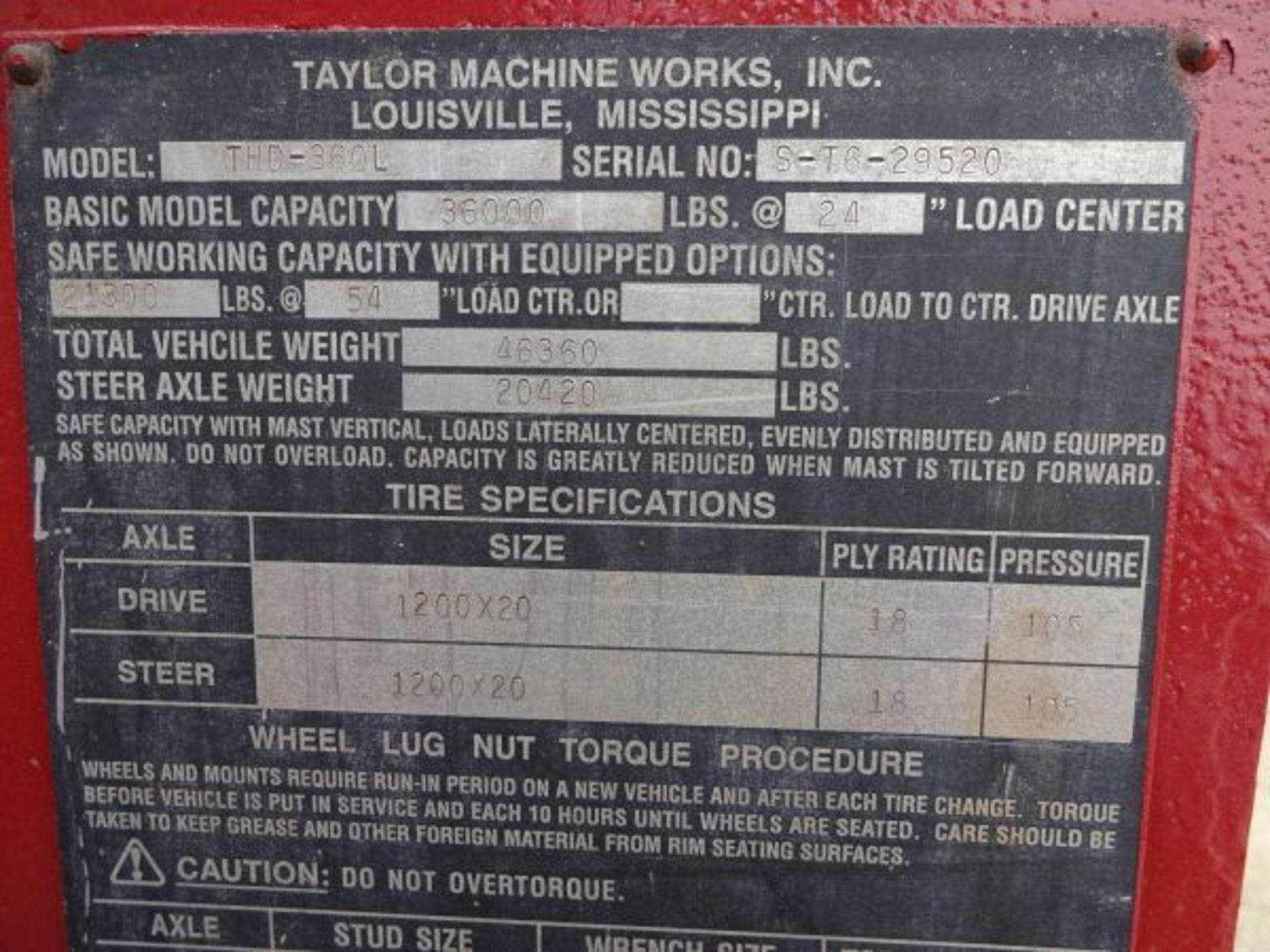 **36,000 LB. TAYLOR MODEL THD-36L DIESEL CUSHION TIRE LIFT TRUCK; S/N S-T6-29520, CUMMINS B5.9-C 5.9 - Image 3 of 24