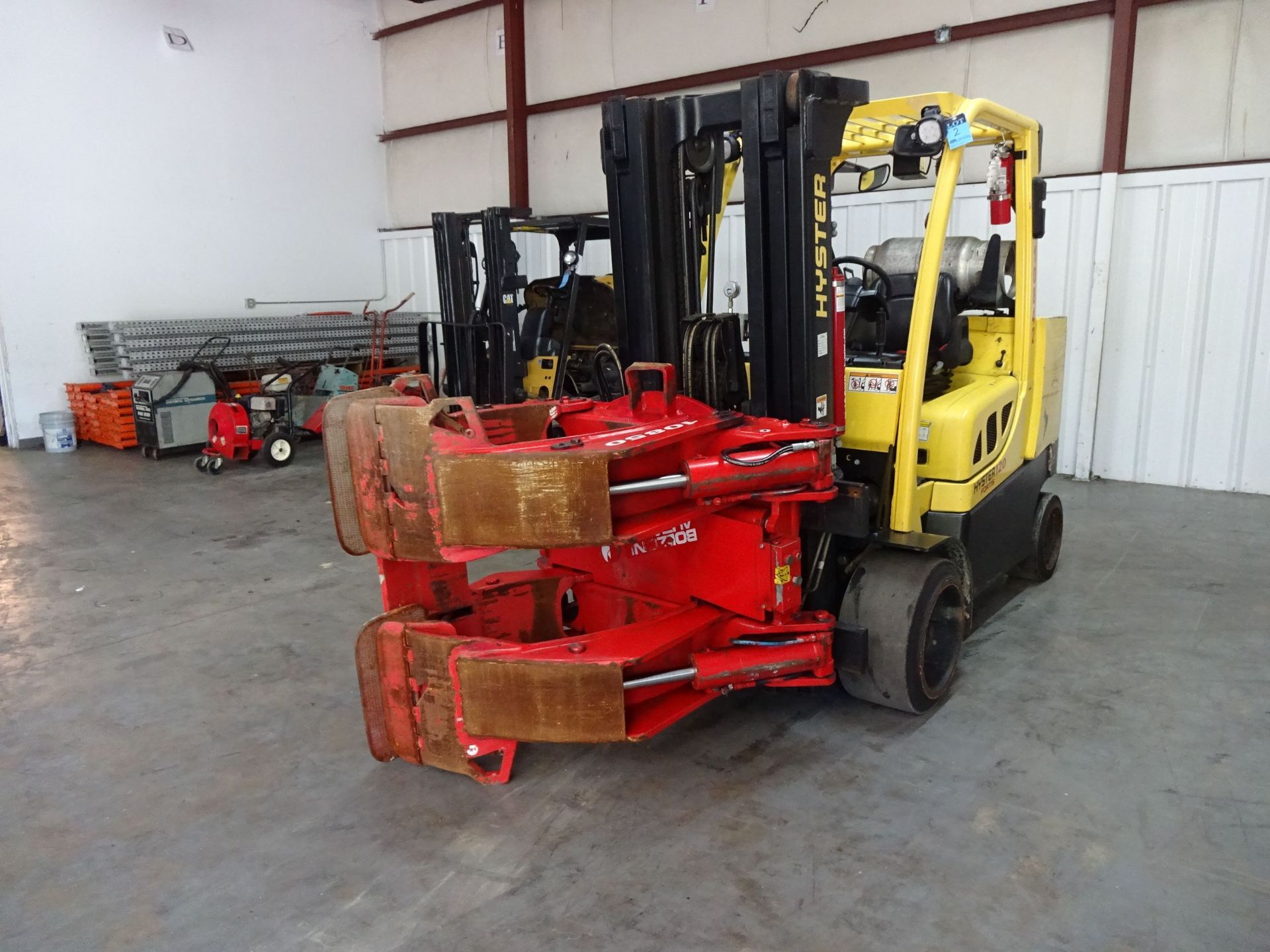 12,000 LB. HYSTER MODEL S120FTPRS SOLID TIRE LP GAS LIFT TRUCK W/ PAPER ROLL CLAMP; S/N