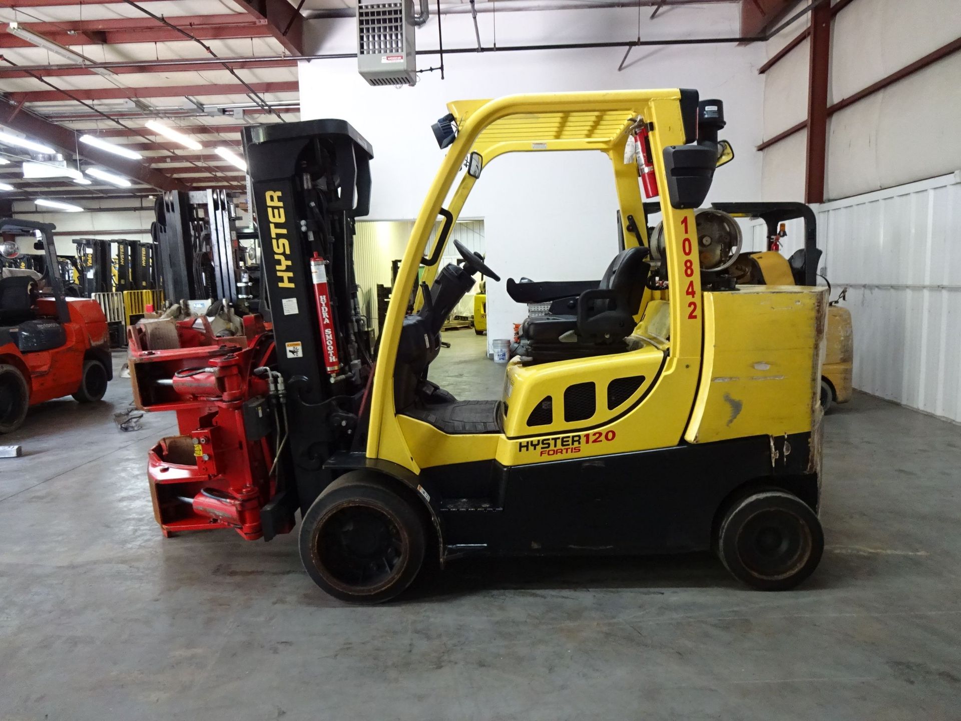 12,000 LB. HYSTER MODEL S120FTPRS SOLID TIRE LP GAS LIFT TRUCK W/ PAPER ROLL CLAMP; S/N - Image 8 of 12