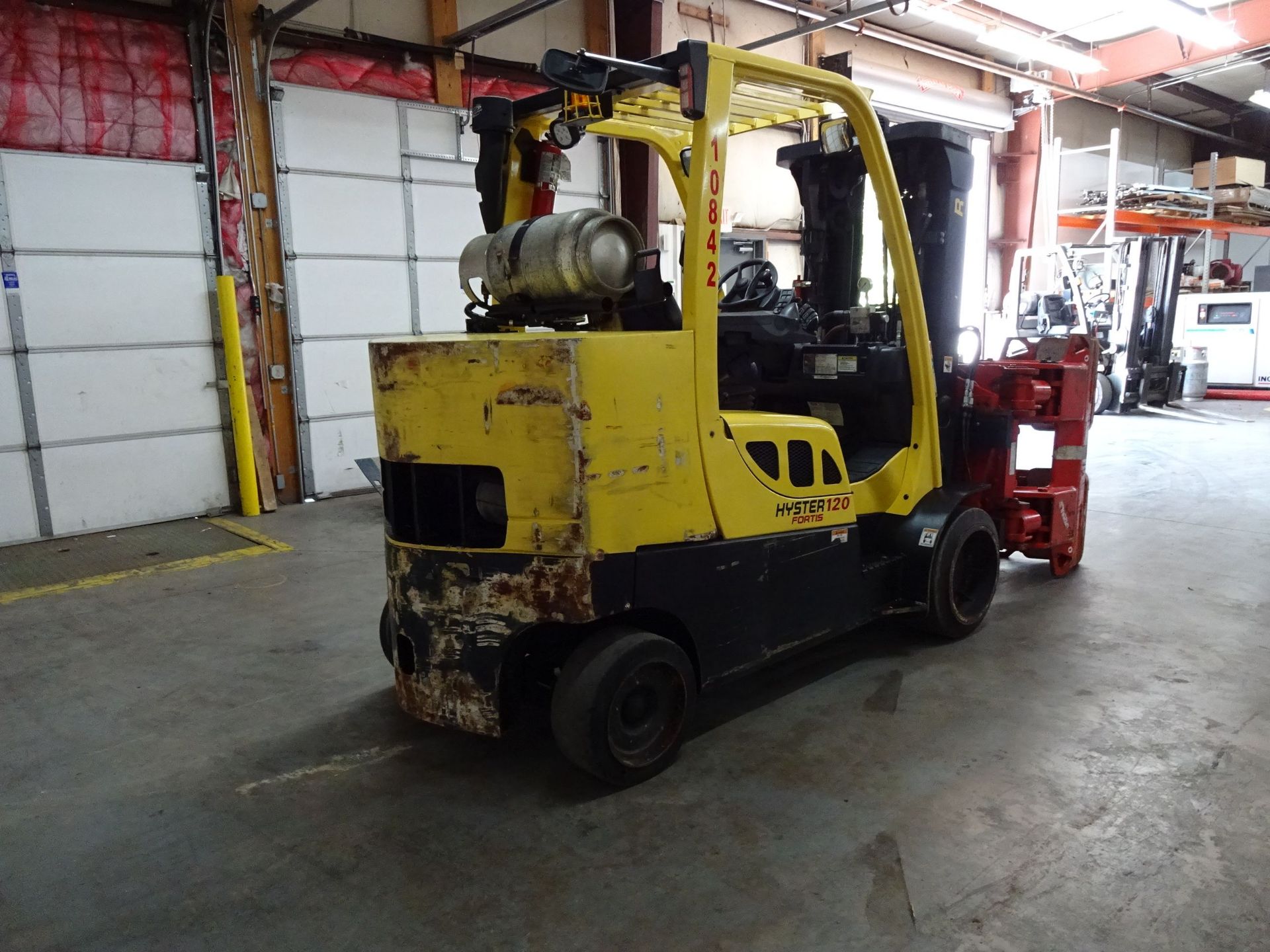 12,000 LB. HYSTER MODEL S120FTPRS SOLID TIRE LP GAS LIFT TRUCK W/ PAPER ROLL CLAMP; S/N - Image 5 of 12