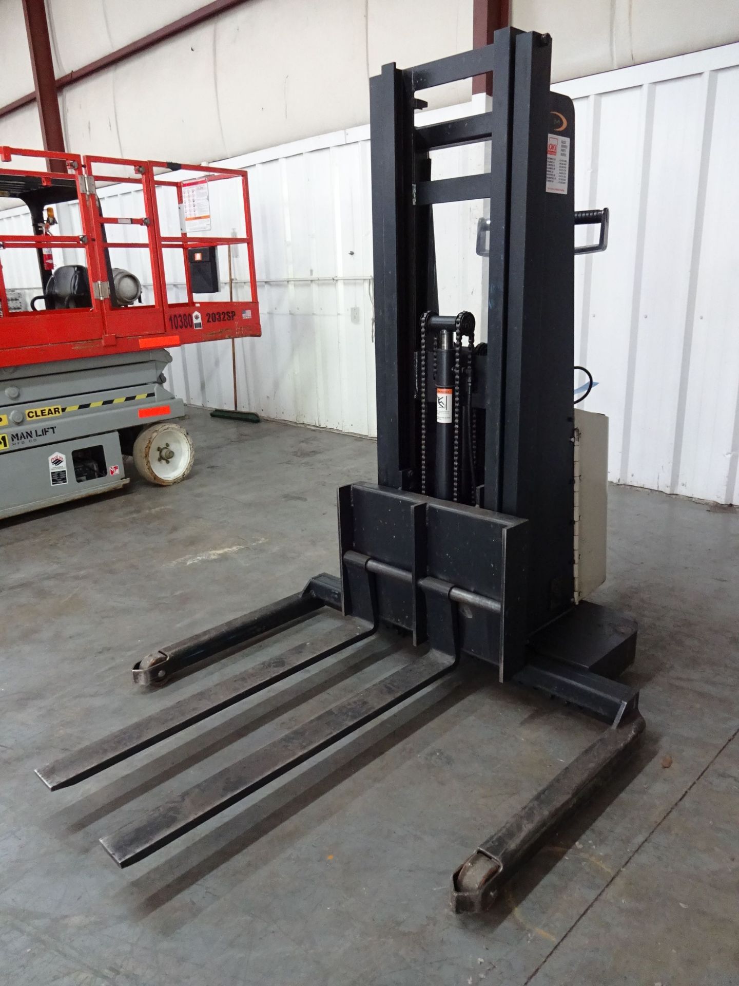 2,500 LB. CROWN MODEL 15MT ELECTRIC WALK BEHIND STACKER; S/N 1A269865, 90" REACH HEIGHT, 42"