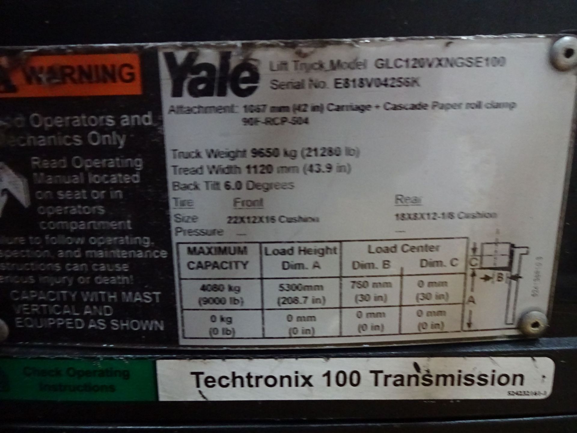 12,000 LB. YALE MODEL GLC120VXNGSE100 SOLID TIRE LP GAS LIFT TRUCK; S/N E818V04256K (8,876 HOURS), - Image 10 of 11