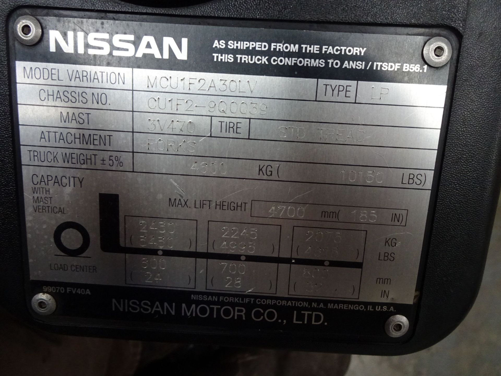 6,000 LB. NISSAN MODEL MCU1F2A30LV SOLID TIRE LP GAS LIFT TRUCK; S/N CU1F2-9Q0039, (3,568 HOURS), - Image 11 of 11