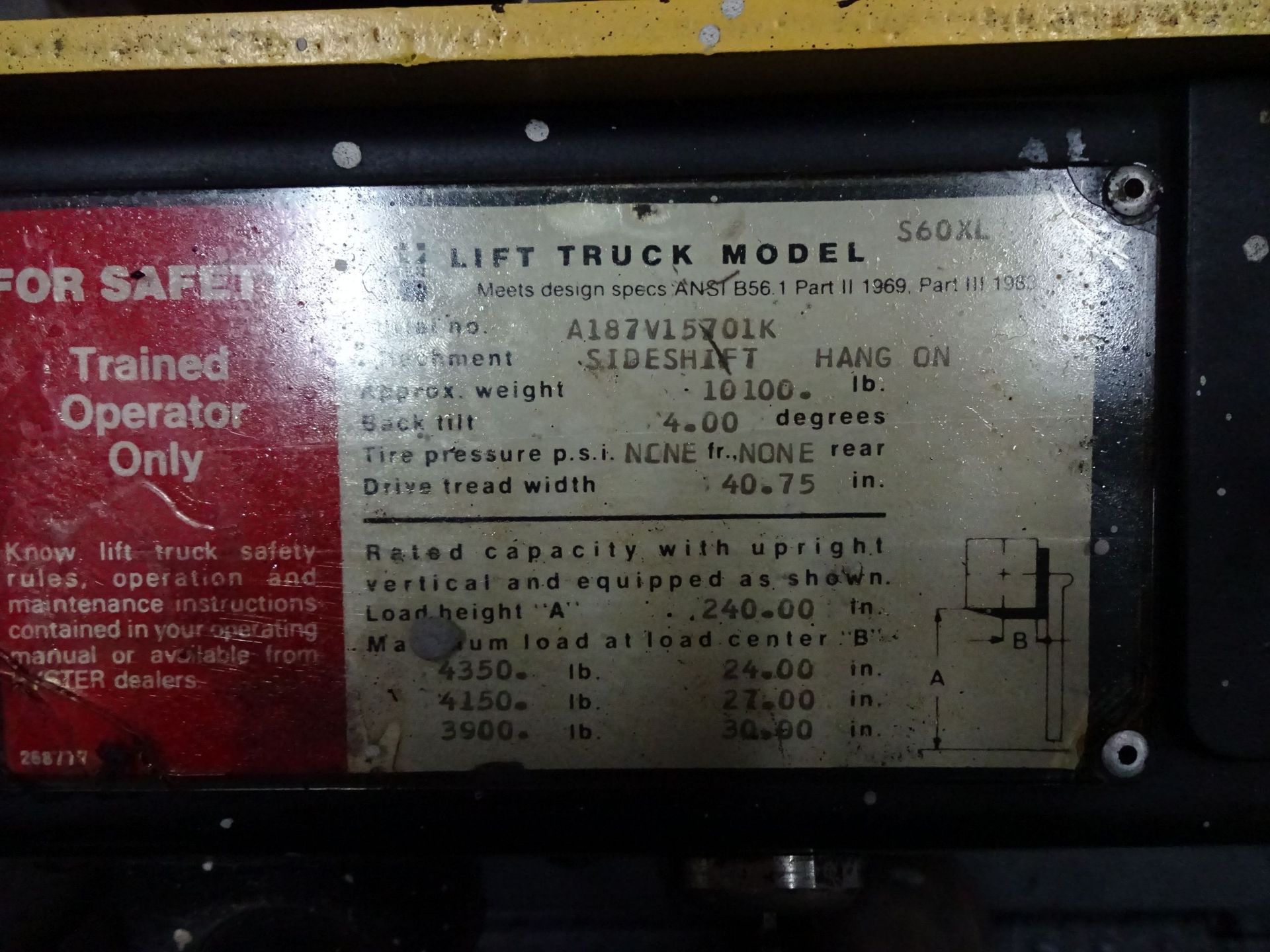 6,000 LB. HYSTER MODEL S60XL SOLID TIRE LP GAS LIFT TRUCK; S/N A187V15701K (1,179 HOURS), 4-STAGE - Image 11 of 11