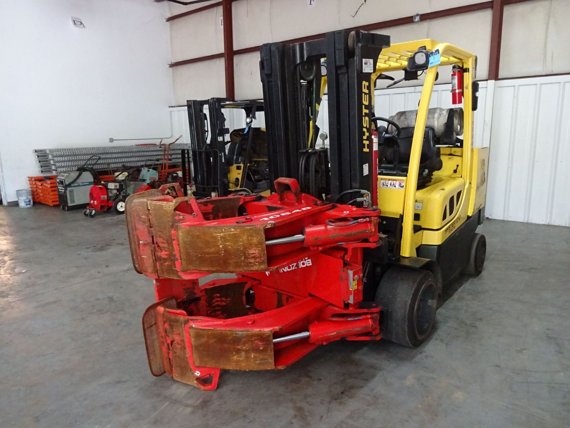 12,000 LB. HYSTER MDOEL S120FTPRS SOLID TIRE LP GAS LIFT TRUCK W/ PAPER ROLL CLAMP; S/N