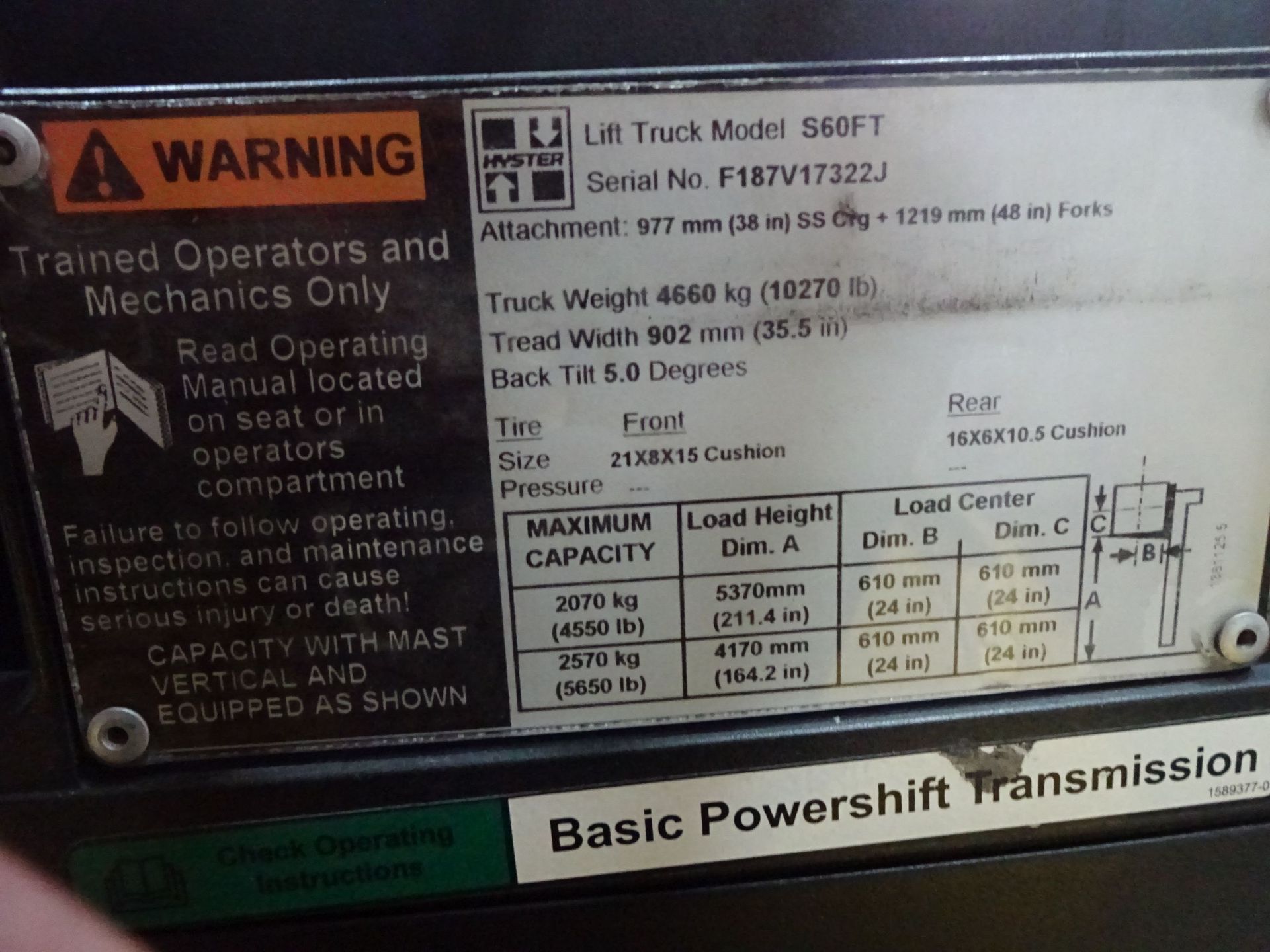 6,000 LB. HYSTER MDOEL S60FT SOLID TIRE LP GAS LIFT TRUCK; S/N F187V17322J (10,429 HOURS), 3-STAGE - Image 11 of 11