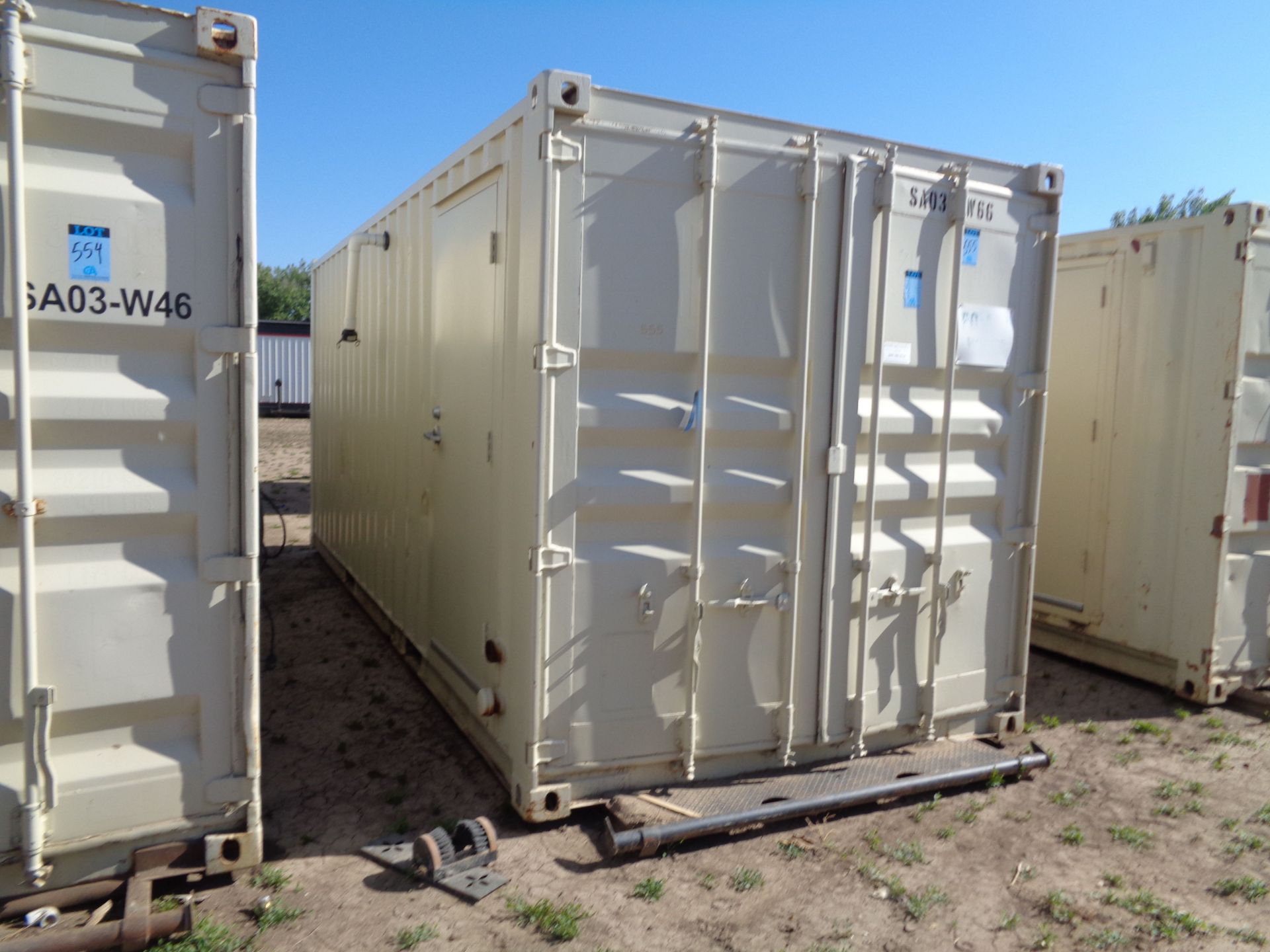 CONVENTIONAL 8' X 20' CONEX TYPE STORAGE CONTAINERS WITH 3,500 GALLON PLASTIC WATER HOLDING TANK;