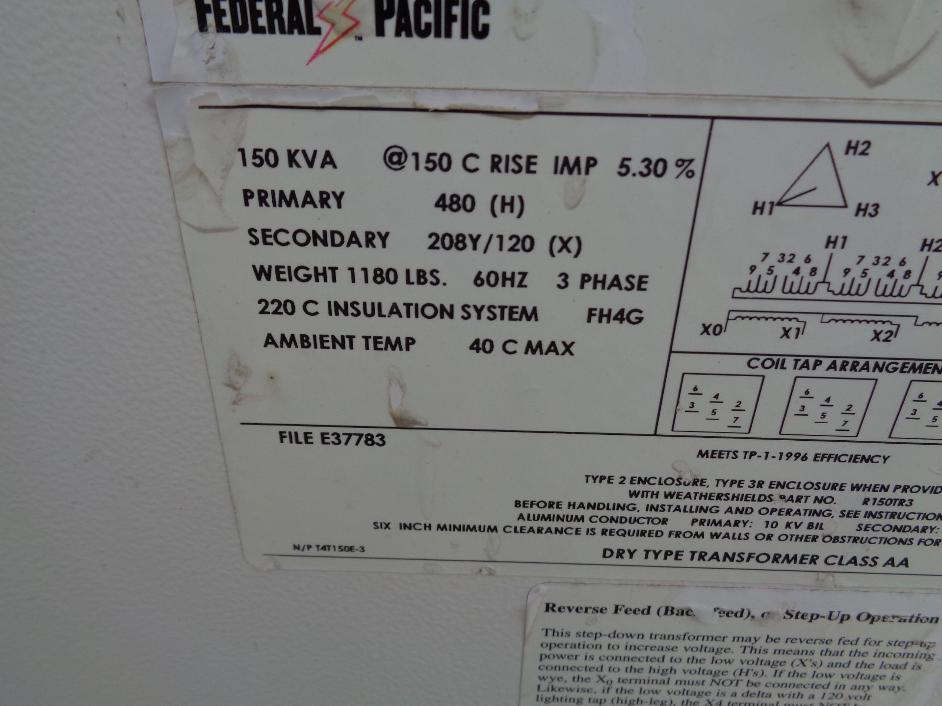 150 KVA TRYSTAR PORTABLE POWER DISTRIBUTION UNIT; FEDERAL PACIFIC CATALOG #T4T150E TRANSFORMER, - Bild 4 aus 5