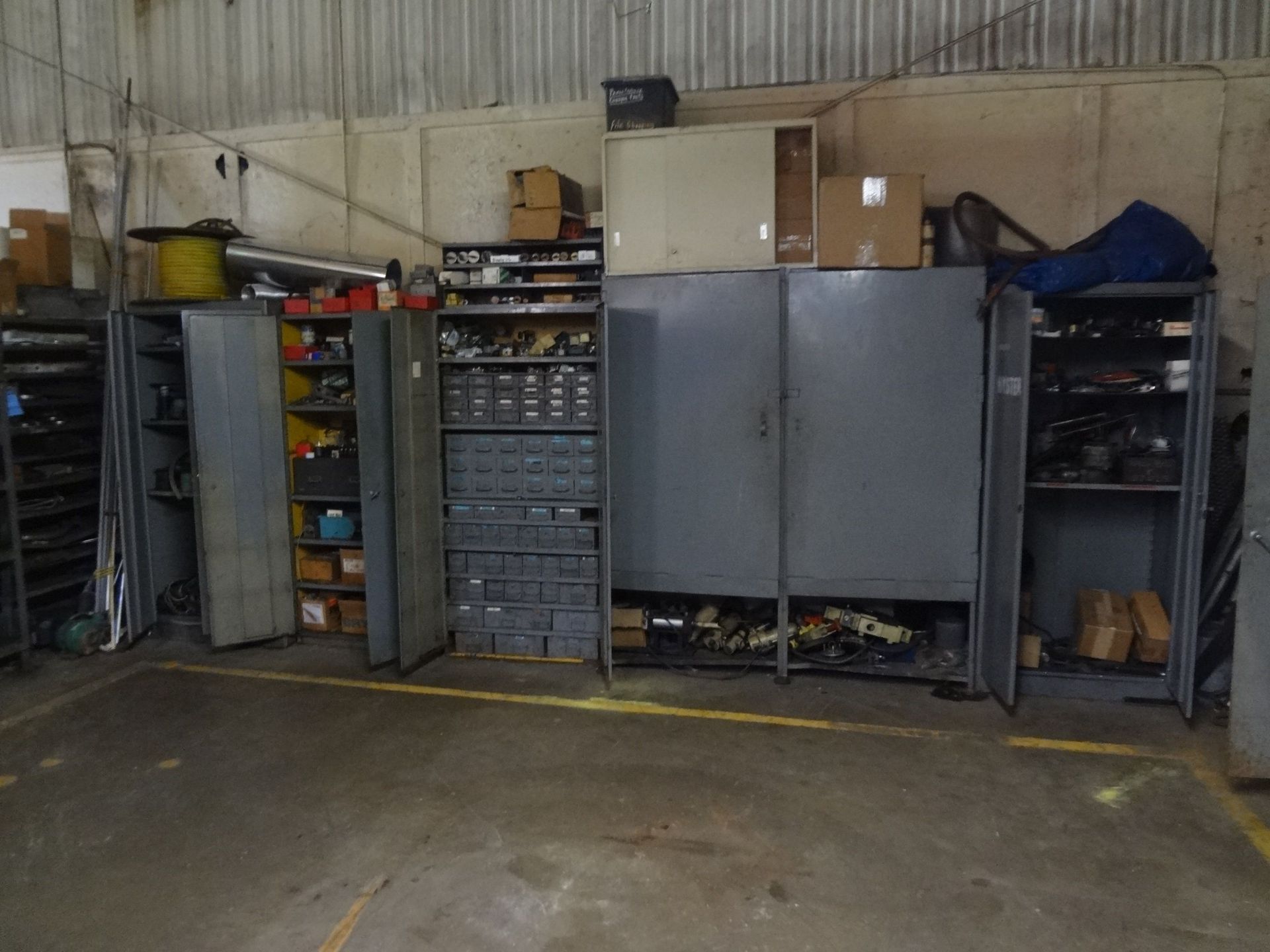 2-DOOR STEEL CABINET WITH CONTETNS INCLUDING LIFT TRUCK PARTS, MACHINE PARTS, FUSES, ELECTRICAL,