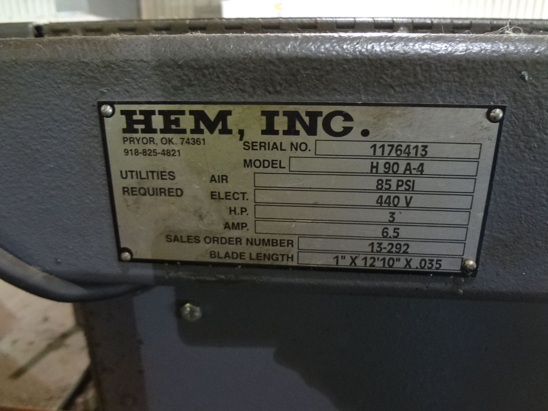 12" X 12" HEM-SAW MODEL H90A-4 AUTOMATIC HORIZONTAL BAND SAW; S/N 1176413, HYDRAULIC CLAMPING AND - Image 6 of 10