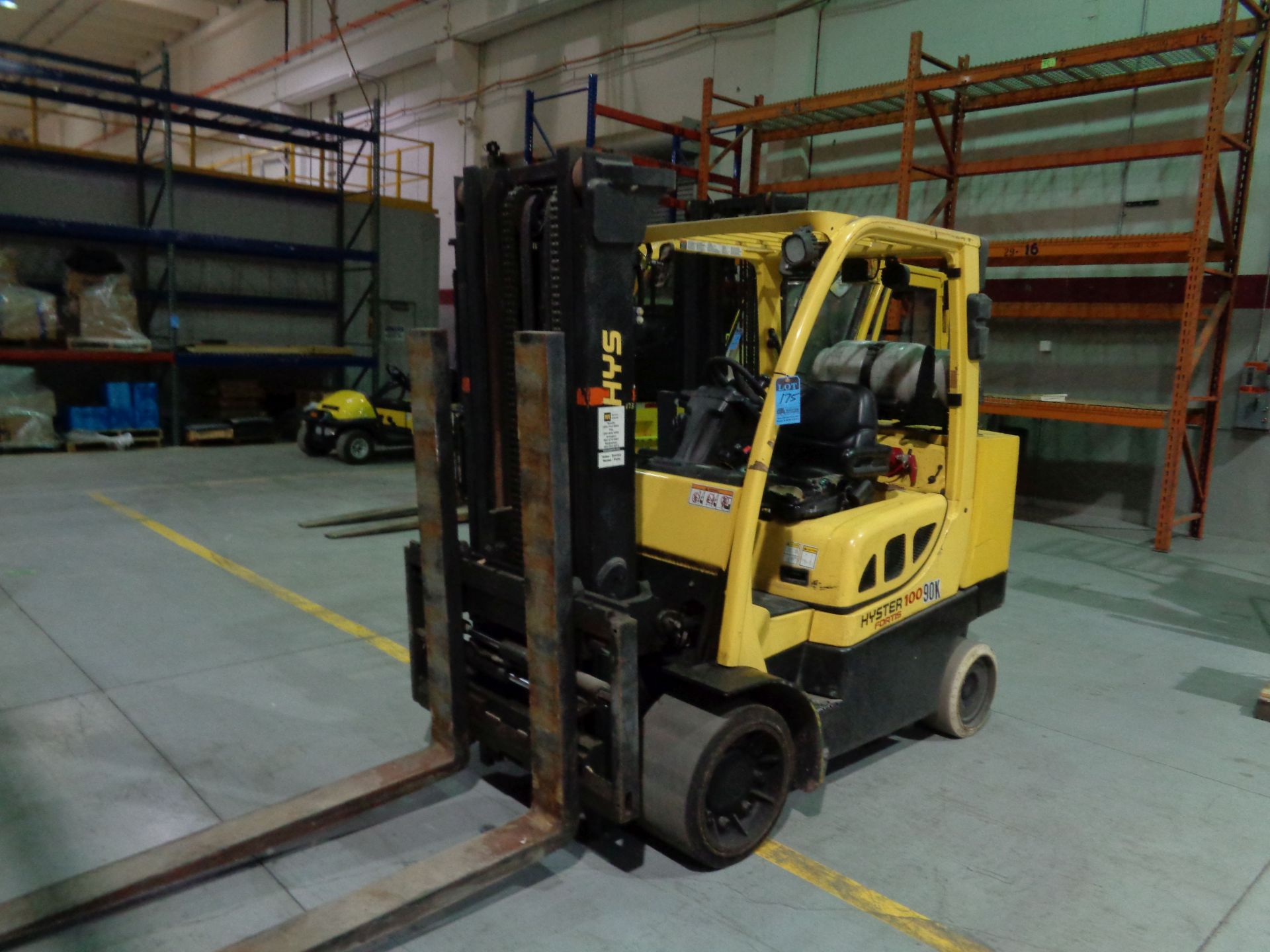 10,000 LB. HYSTER MODEL S100FTBCS LP GAS CUSHION TIRE LIFT TRUCK; S/N G004V064905, 2-STAGE MAST,