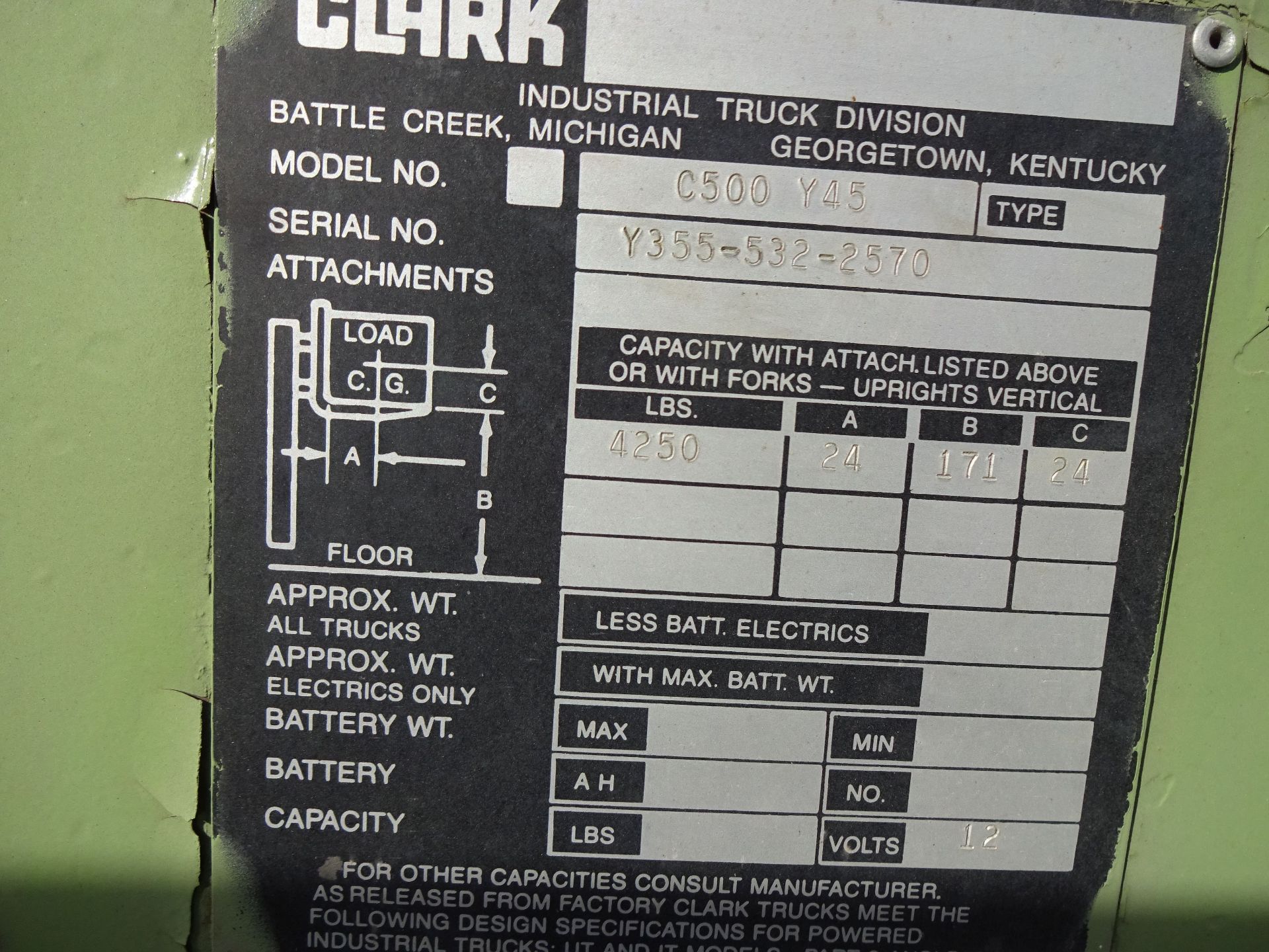 4,250 LB. CLARK MODEL C500Y45 LP GAS CUSHION TIRE LIFT TRUCK; S/N Y-355-532-252, 3 STAGE MAST, 78" - Image 7 of 7