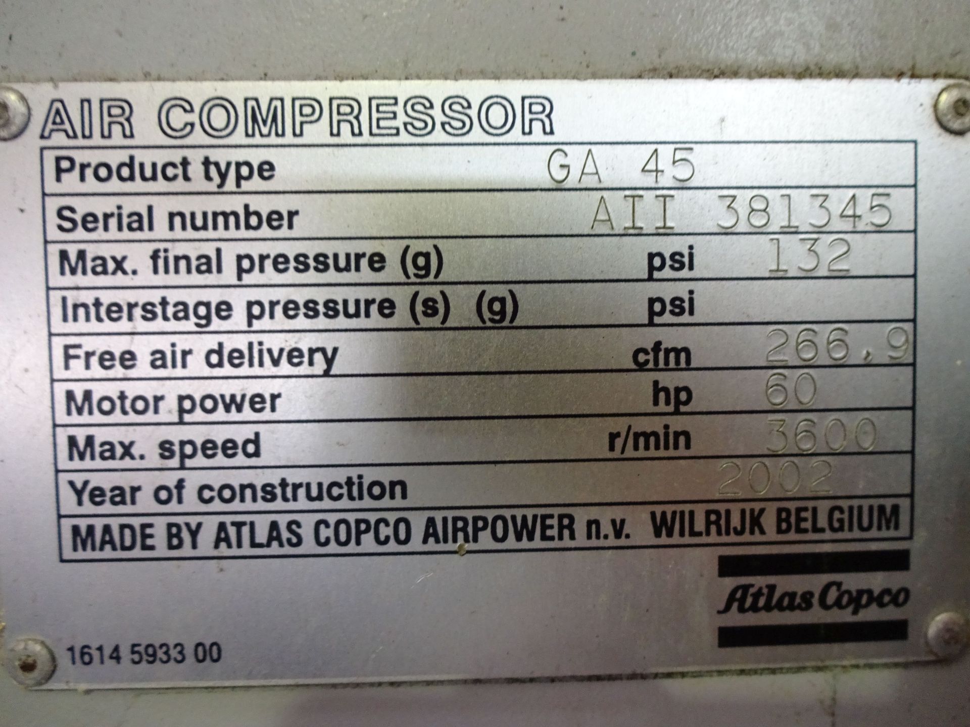 60 HP ATLAS COPCO MODEL GA45FF ENCLOSED AIR COMPRESSOR; S/N A11381345 (NEW 2002) -------- INDUSTRIAL - Image 3 of 3