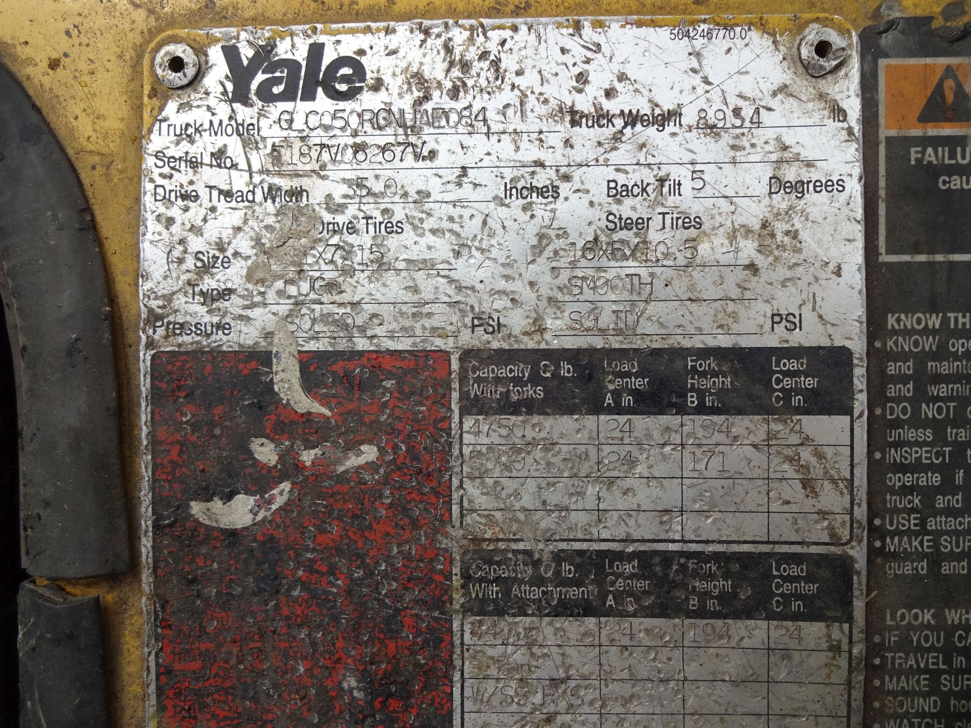 5,000 LB. YALE MODEL GLC050 LP GAS CUSHION TIRE LIFT TRUCK; S/N 187V06267V, 3-STAGE MAST, 194" - Image 8 of 9