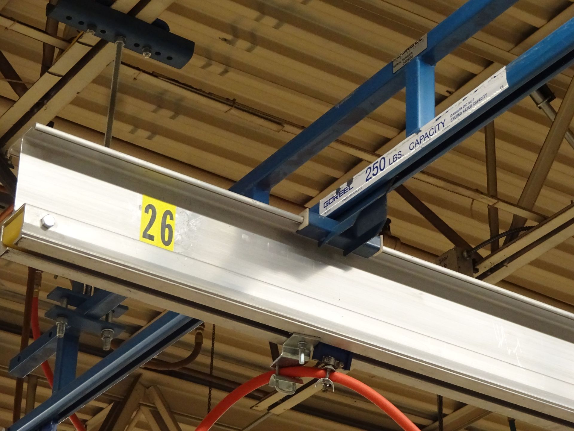 250 LB. X 15' (APPROX.) GORBEL CEILING HUNG OVERHEAD CRANE WITH (1) 100 LB. AND (1) 80 LB. PNEUMATIC - Image 4 of 8