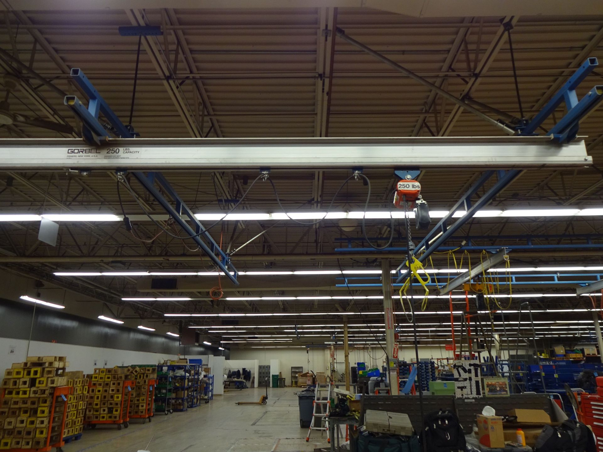 250 LB. X 20' (APPROX.) CEILING HUNG OVERHEAD CRANE WITH 250 LB. CM ELECTRIC CHAIN HOIST, 14' (