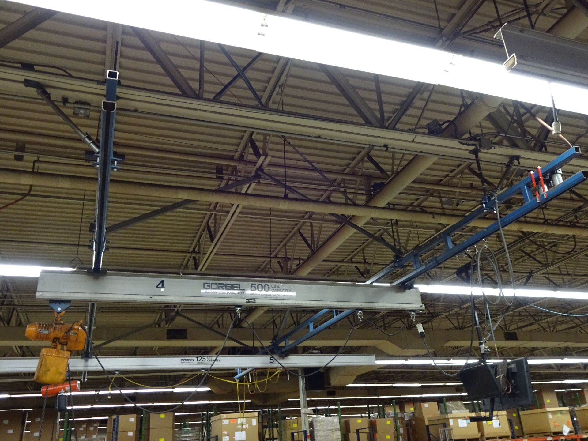 500 LB. X 31' (APPROX.) GORBEL 2-SPAN CEILING HUNG OVERHEAD CRANE WITH 500 LB. HARRINGTON ELECTRIC