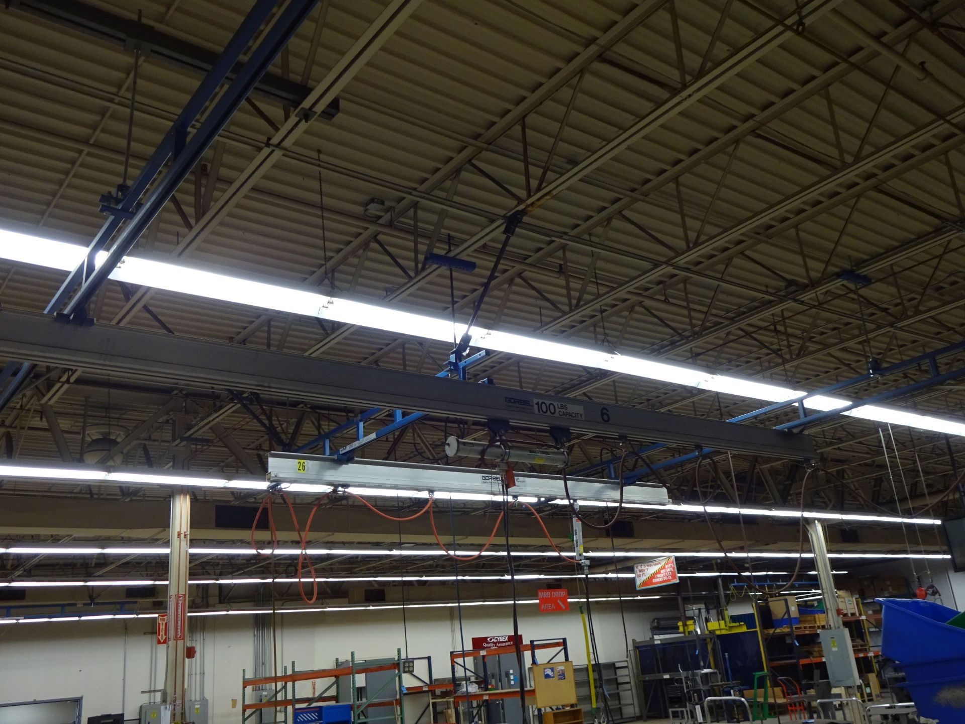 250 LB. X 15' (APPROX.) GORBEL CEILING HUNG OVERHEAD CRANE WITH (1) 100 LB. AND (1) 80 LB. PNEUMATIC - Image 8 of 8