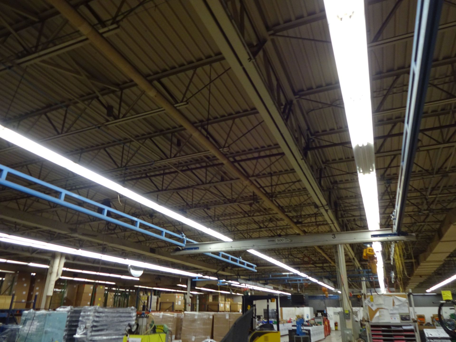 500 LB. X 40' (APPROX.) GORBEL CEILING HUNG OVERHEAD CRANE WITH 500 LB. HARRINGTON ELECTRIC CHAIN