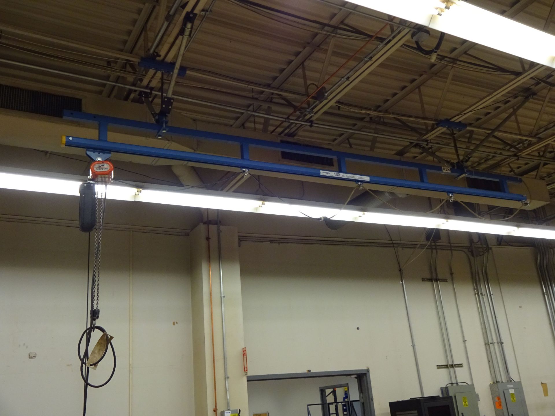 500 LB. X 15' (APPROX.) GORBEL CEILING HUNG OVERHEAD CRANE WITH 500 LB. CM ELECTRIC CHAIN HOIST