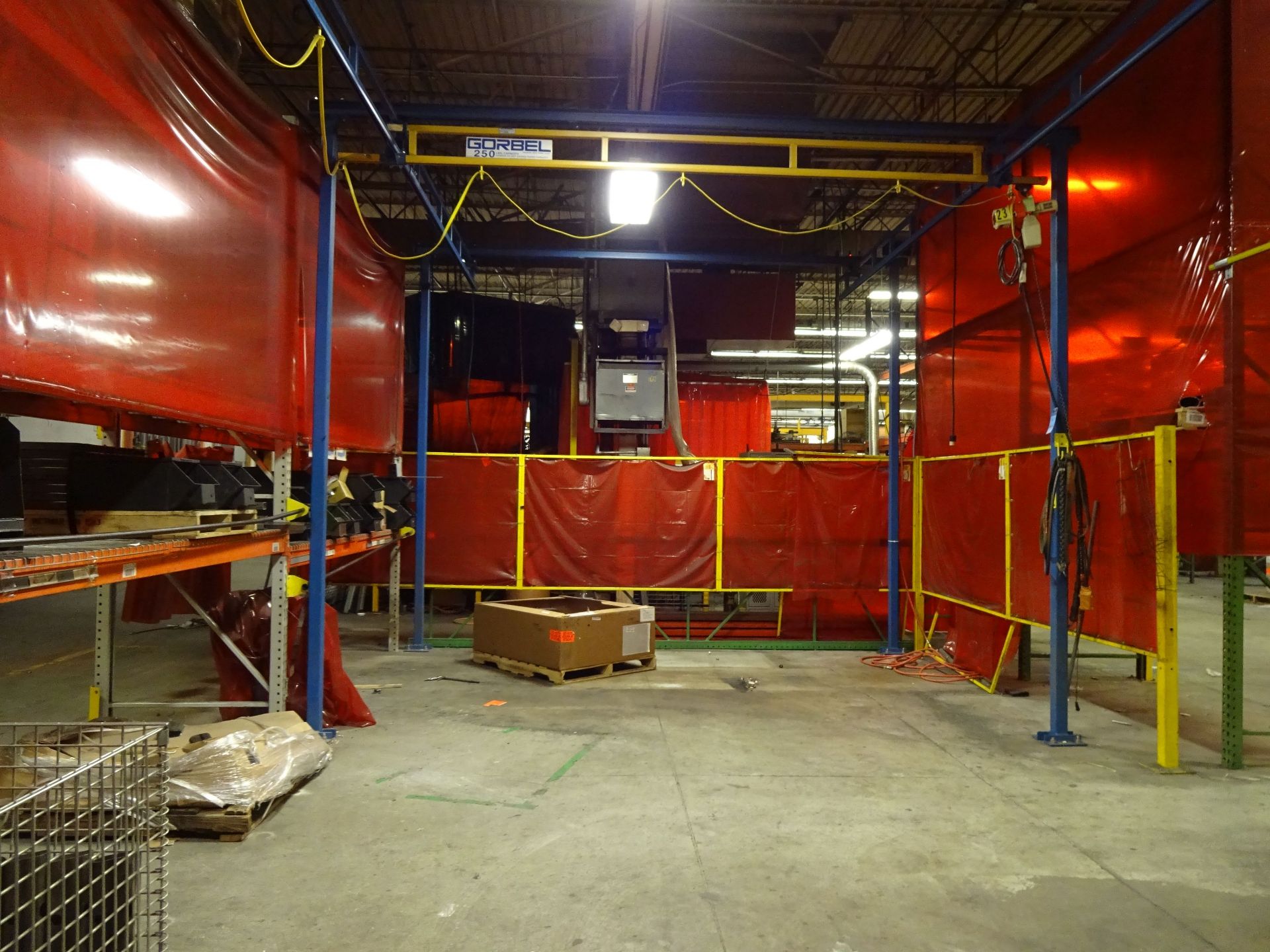 250 LB. X 34' (APPROX.) GORBEL FREE STANDING OVERHEAD CRANE WITH 250 LB. HARRINGTON ELECTRIC CHAIN