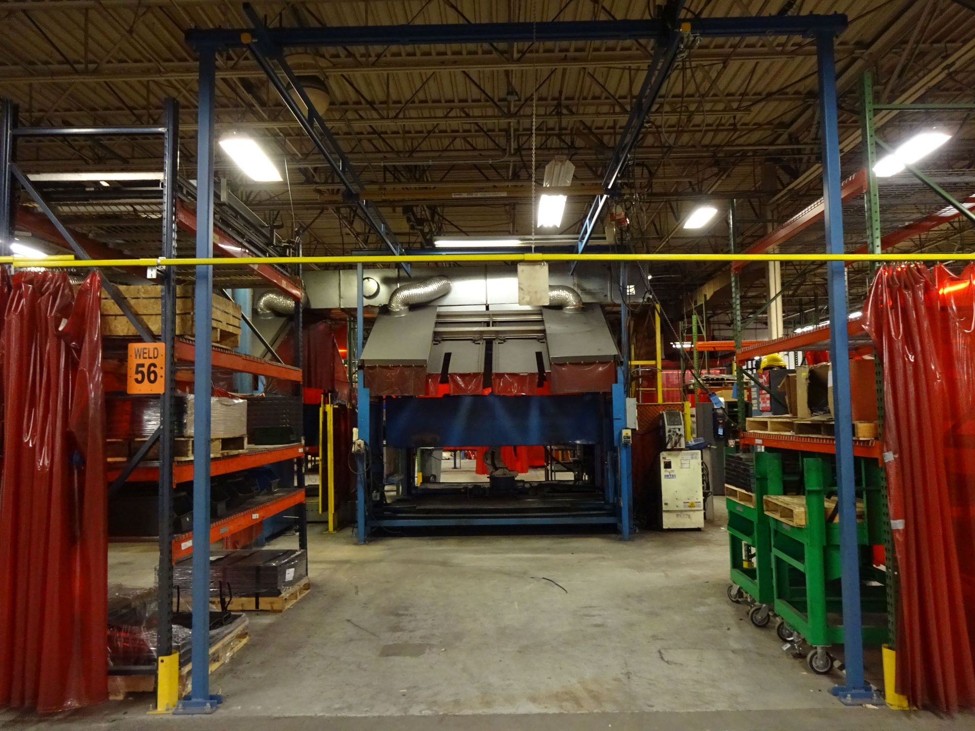 250 LB. X 20' (APPROX.) GORBEL FREE STANDING OVERHEAD CRANE WITH 250 LB. HARRINGTON ELECTRIC CHAIN