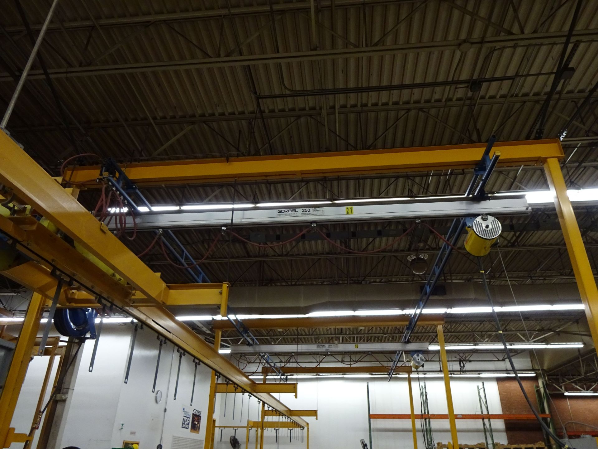 250 LB. X 43' (APPROX.) GORBEL CEILING HUNG 2-SPAN CRANE WITH 92) 200 LB. INGERSOLL RAND PNEUMATIC