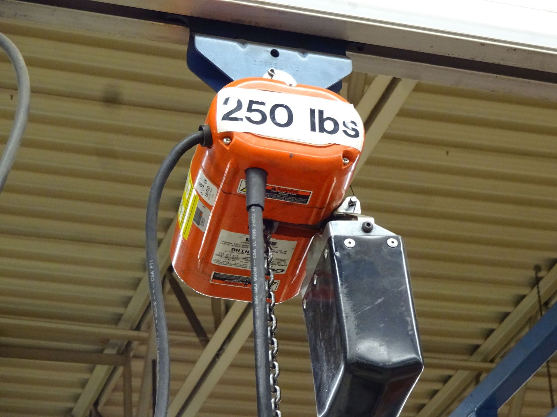 250 LB. X 20' (APPROX.) CEILING HUNG OVERHEAD CRANE WITH 250 LB. CM ELECTRIC CHAIN HOIST, 14' ( - Image 2 of 5