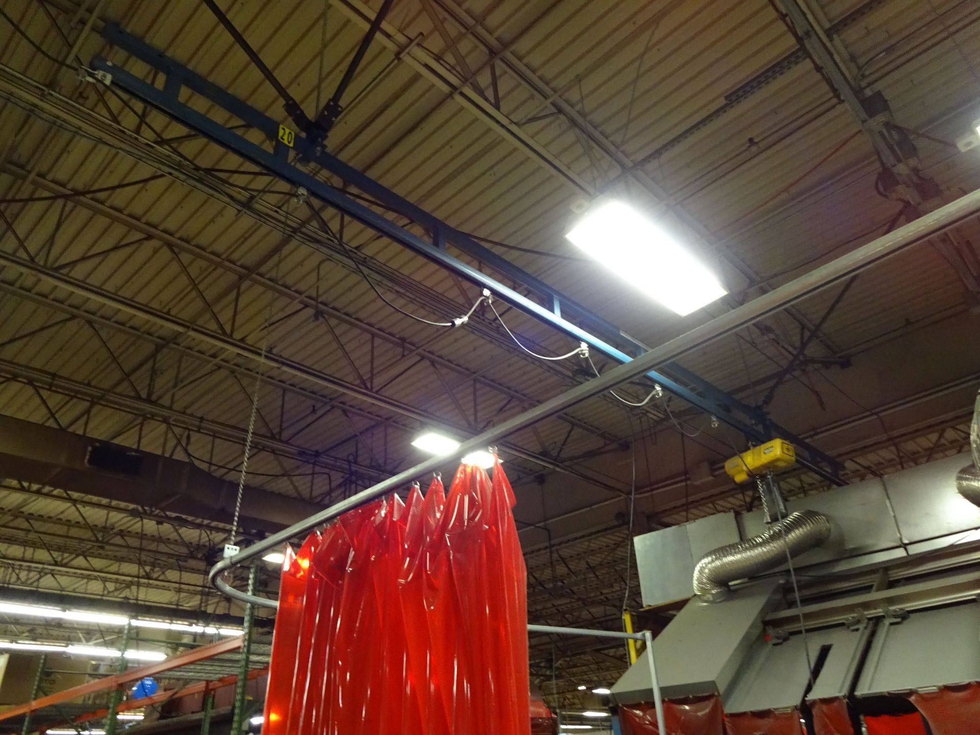 500 LB. X 20' (APPROX.) GORBEL CEILING HUNG TROLLEY TYPE CRANE WITH 500 LB. YALE ELECTRI CHAIN