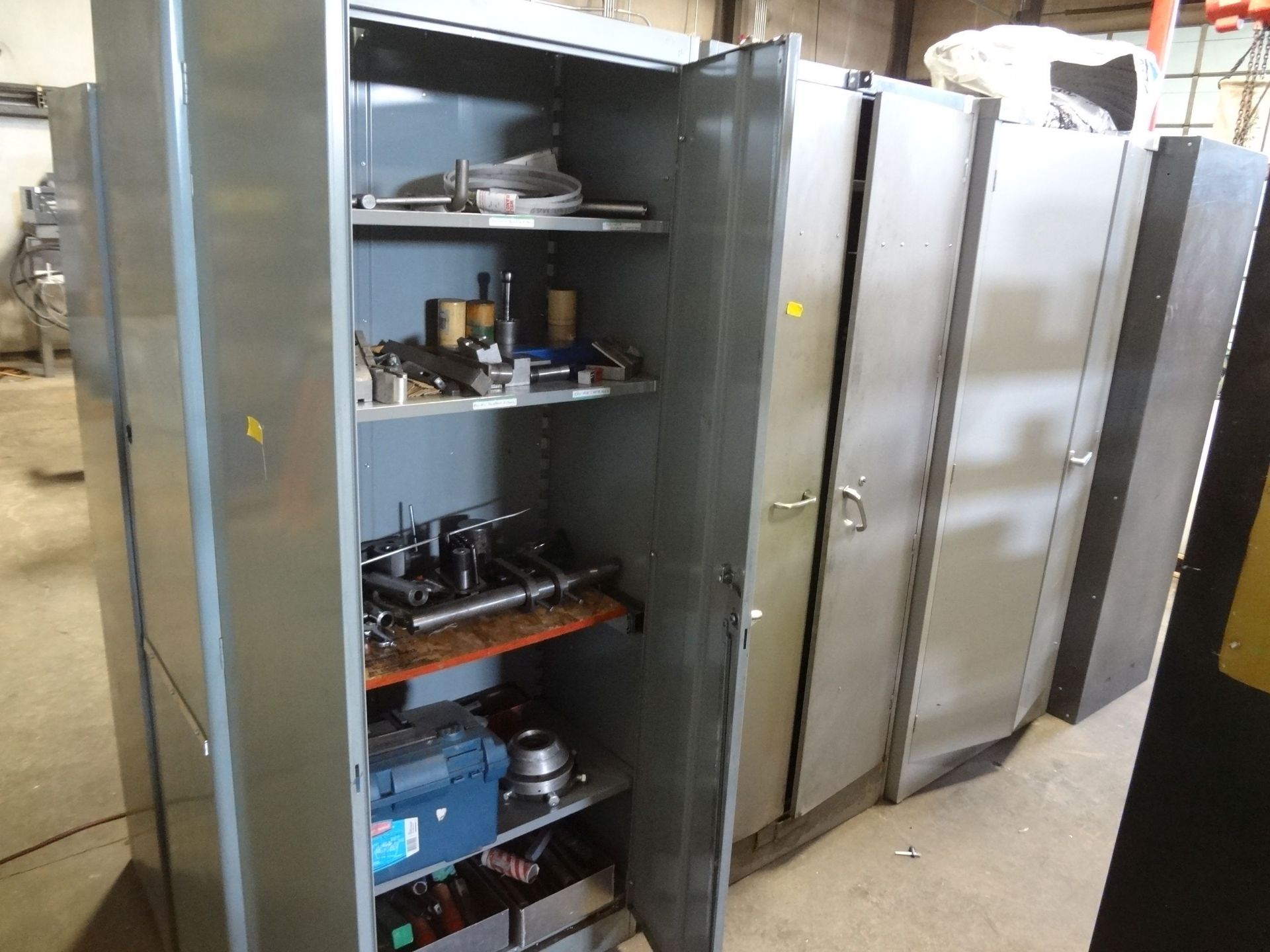 TWO-DOOR STORAGE CABINETS AND CONTENTS WITH WELDING SUPPLIES, TOOLROOM RELATED ITEMS