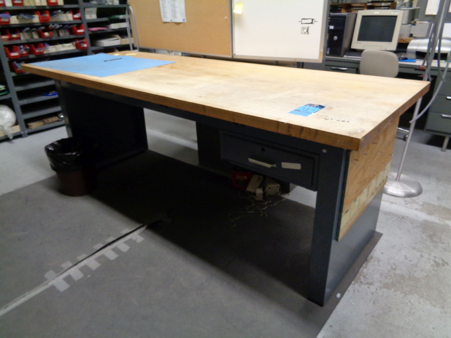 36" X 96" X 36" HIGH STEEL FRAME MAPLE TOP WORK TABLES