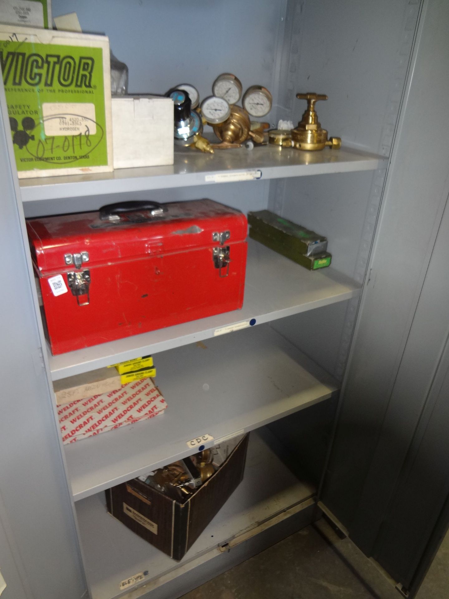 TWO-DOOR STORAGE CABINETS AND CONTENTS WITH WELDING SUPPLIES, TOOLROOM RELATED ITEMS - Image 4 of 4