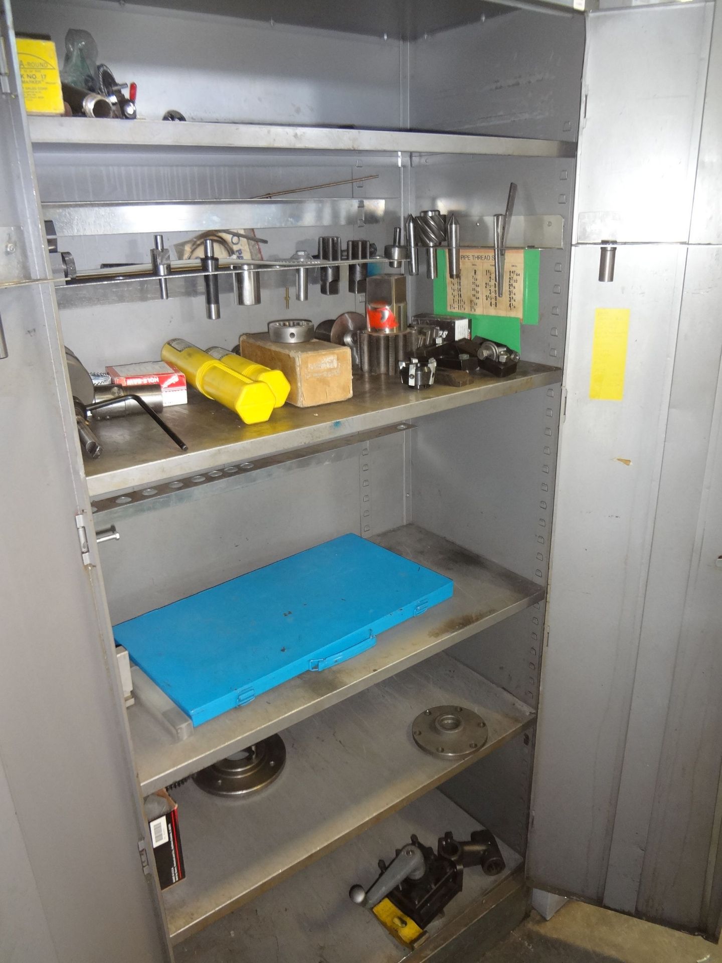 TWO-DOOR STORAGE CABINETS AND CONTENTS WITH WELDING SUPPLIES, TOOLROOM RELATED ITEMS - Image 3 of 4