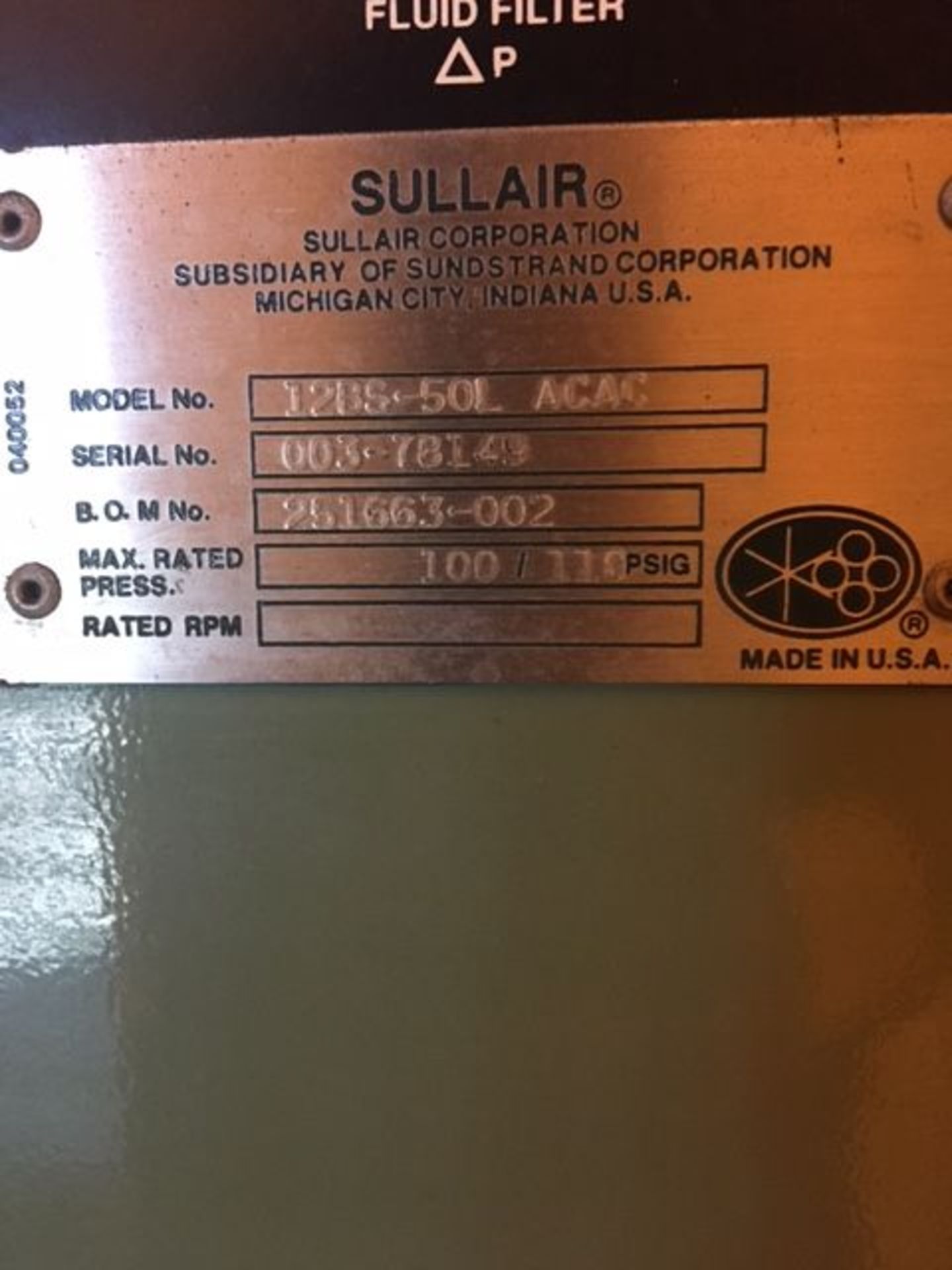 50 HP SULLAIR MODEL 12BS-50L-ACAC AIR COMPRESSOR; S/N 003-78149, MAX RATED PRESSURE: 100/110 - Image 2 of 3