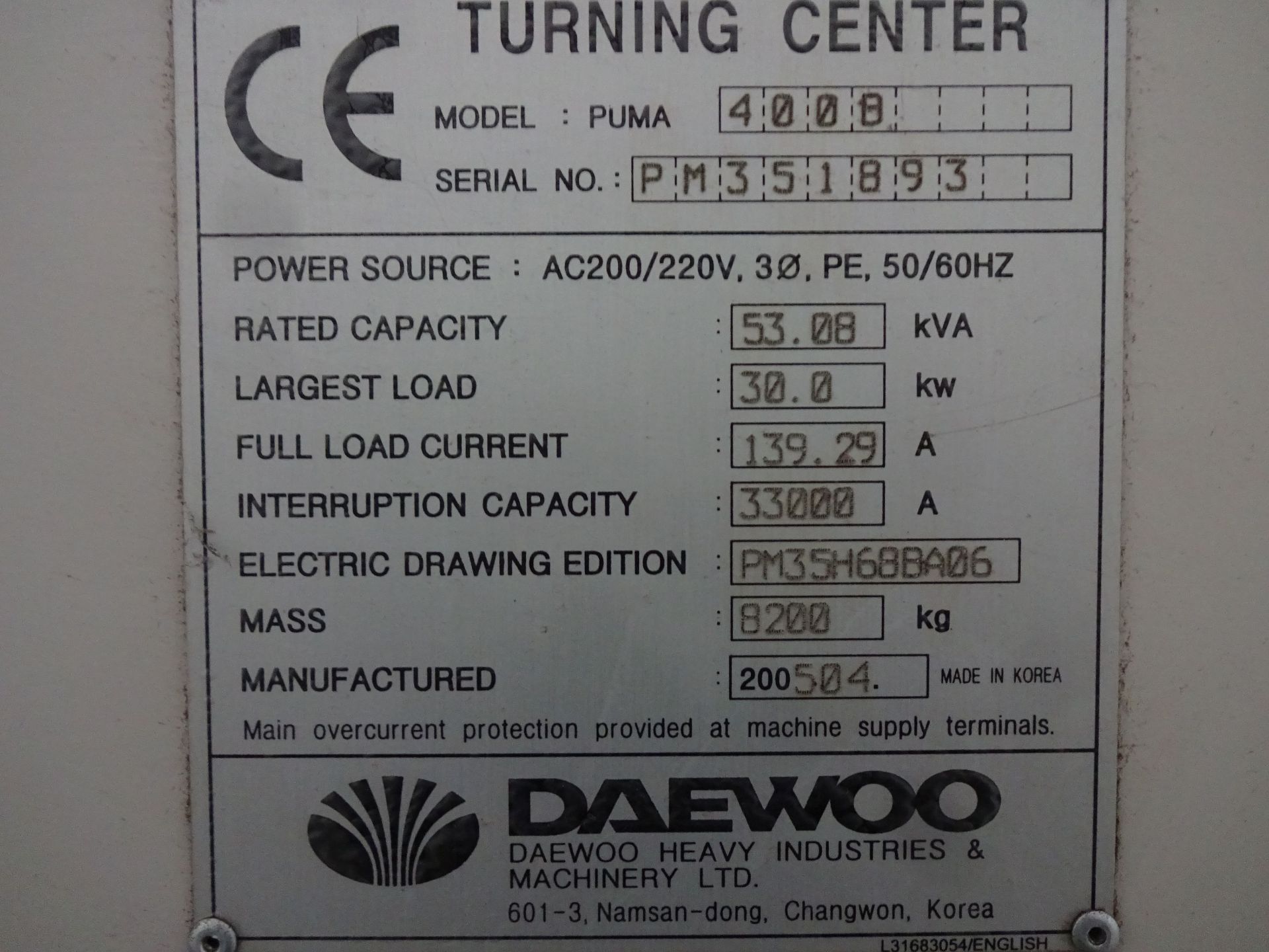2005 DAEWOO PUMA 400B CNC TURNING CENTER; S/N PM351893, FANUC 21I-TB CONTROL, 18" CHUCK, 30" MAX. - Image 24 of 29