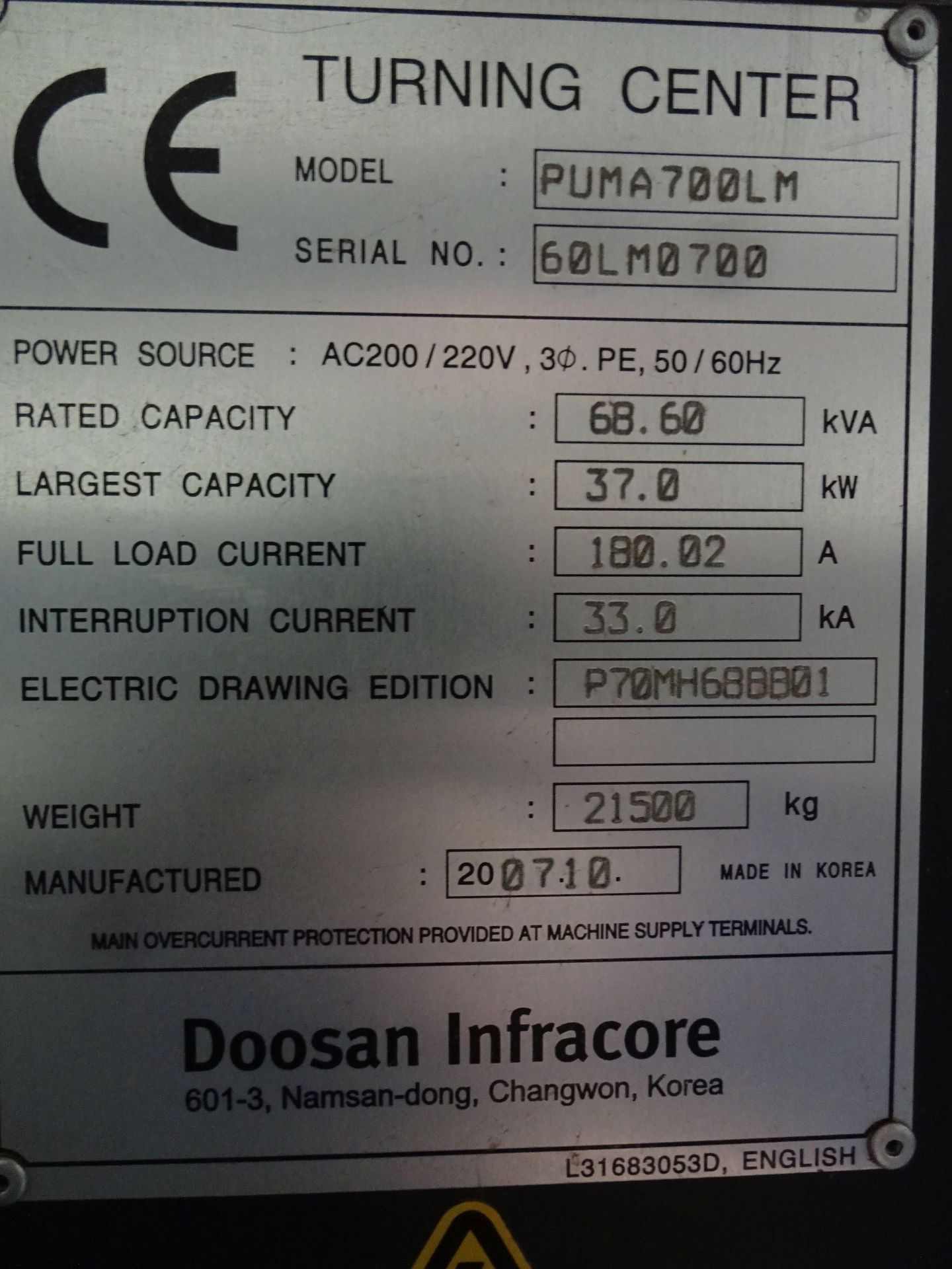 2007 DOOSAN MODEL PUMA 700LM LARGE CAPACITY CNC TURNING CENTER WITH LINE MILLING; S/N 60LM0700, - Image 23 of 27