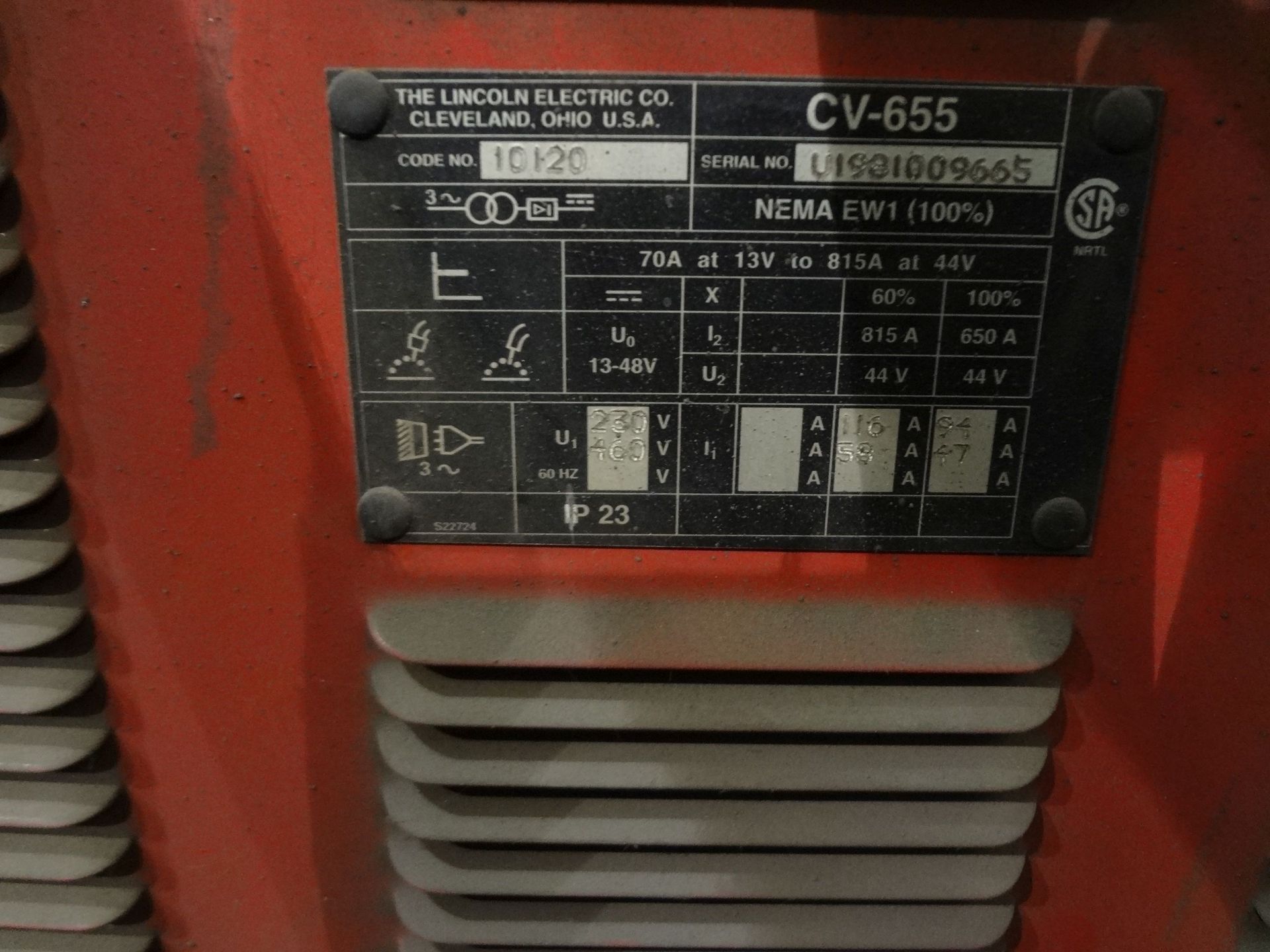 650 AMP LINCOLN ELECTRIC MODEL CV-655 PORTABLE WELDING POWER SOURCE; S/N U1981308009665 - Image 3 of 3