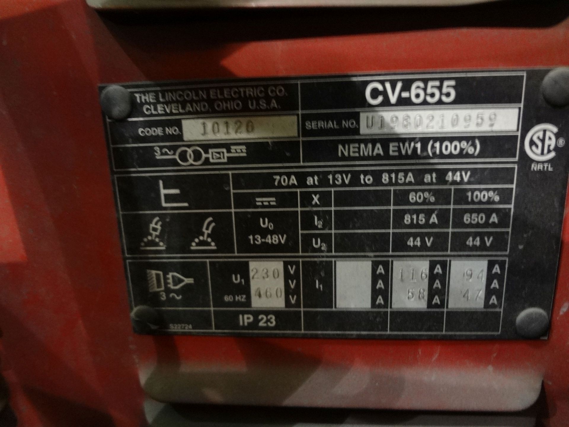 650 AMP LINCOLN ELECTRIC MODEL CV-655 PORTABLE WELDING POWER SOURCE; S/N U1980210959 - Image 3 of 3