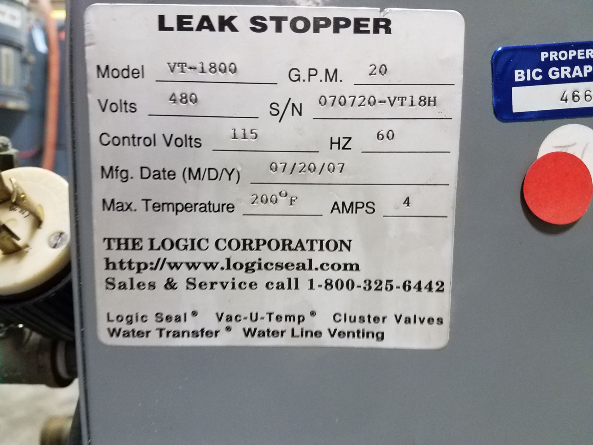 LOGIC SEAL LEAK STOPPER MODEL VT-1800 NEGATIVE PRESSURE LIQUID MOLD TEMPERATURE CONTROLLER; S/N - Image 5 of 5